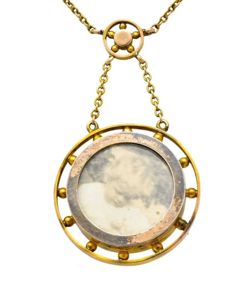 Victorian Pearl Enamel 14 Karat Yellow Gold Pendant Necklace