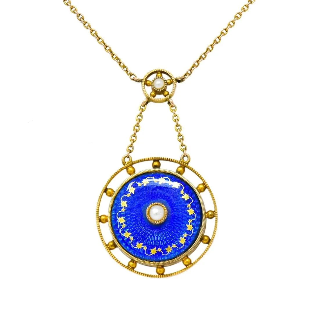 Victorian Pearl Enamel 14 Karat Yellow Gold Pendant Necklace