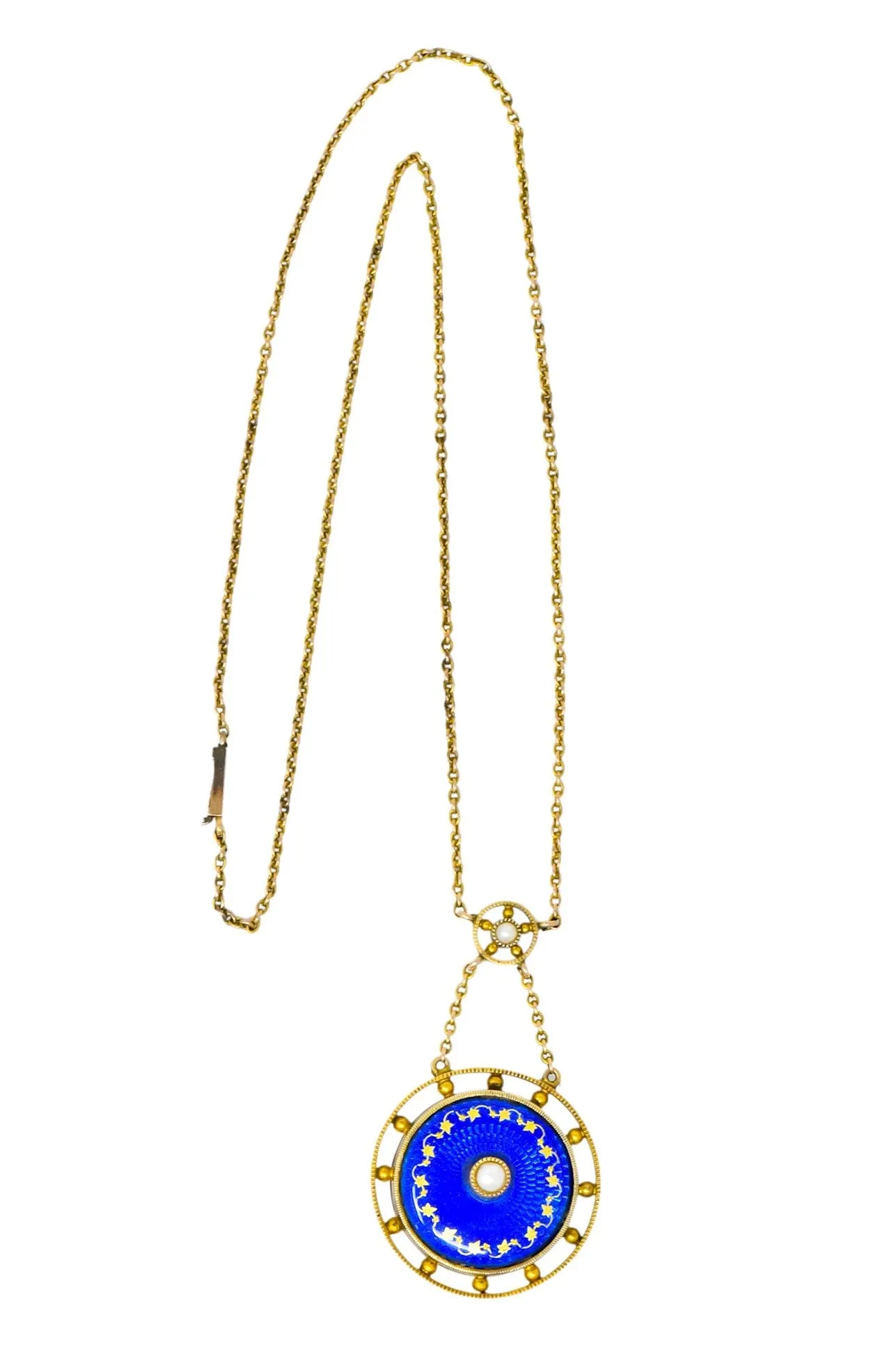 Victorian Pearl Enamel 14 Karat Yellow Gold Pendant Necklace