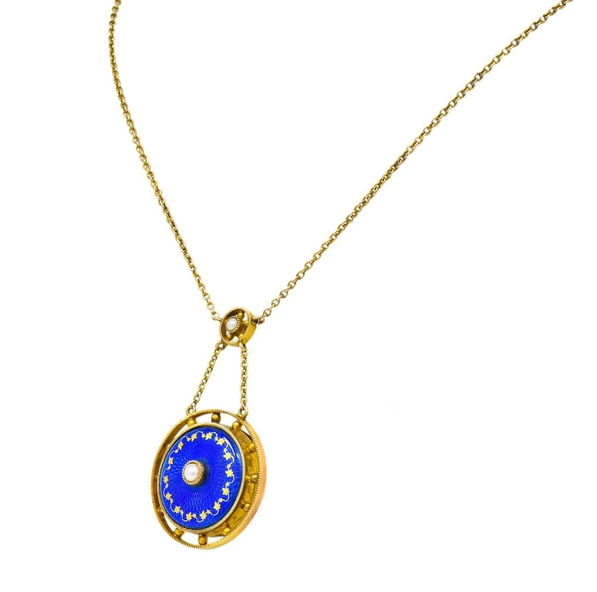 Victorian Pearl Enamel 14 Karat Yellow Gold Pendant Necklace