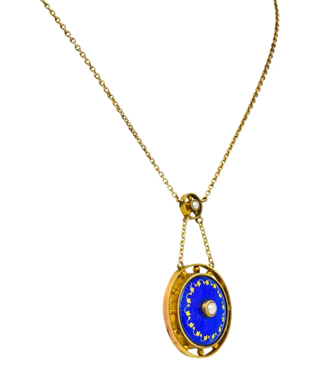 Victorian Pearl Enamel 14 Karat Yellow Gold Pendant Necklace