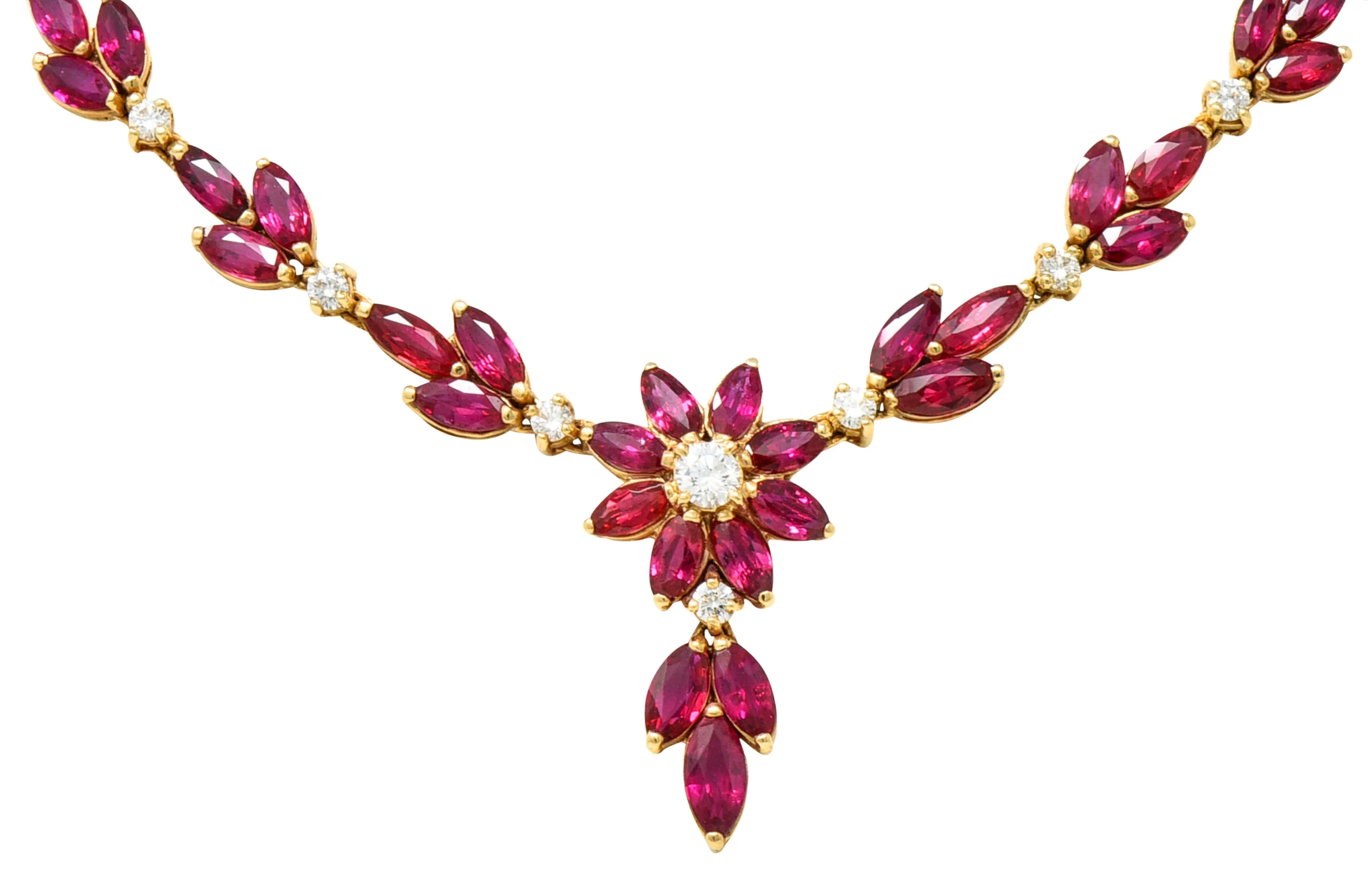 Vintage 11.50 CTW Ruby Diamond 18 Karat Yellow Gold Floral Cluster Station Necklace