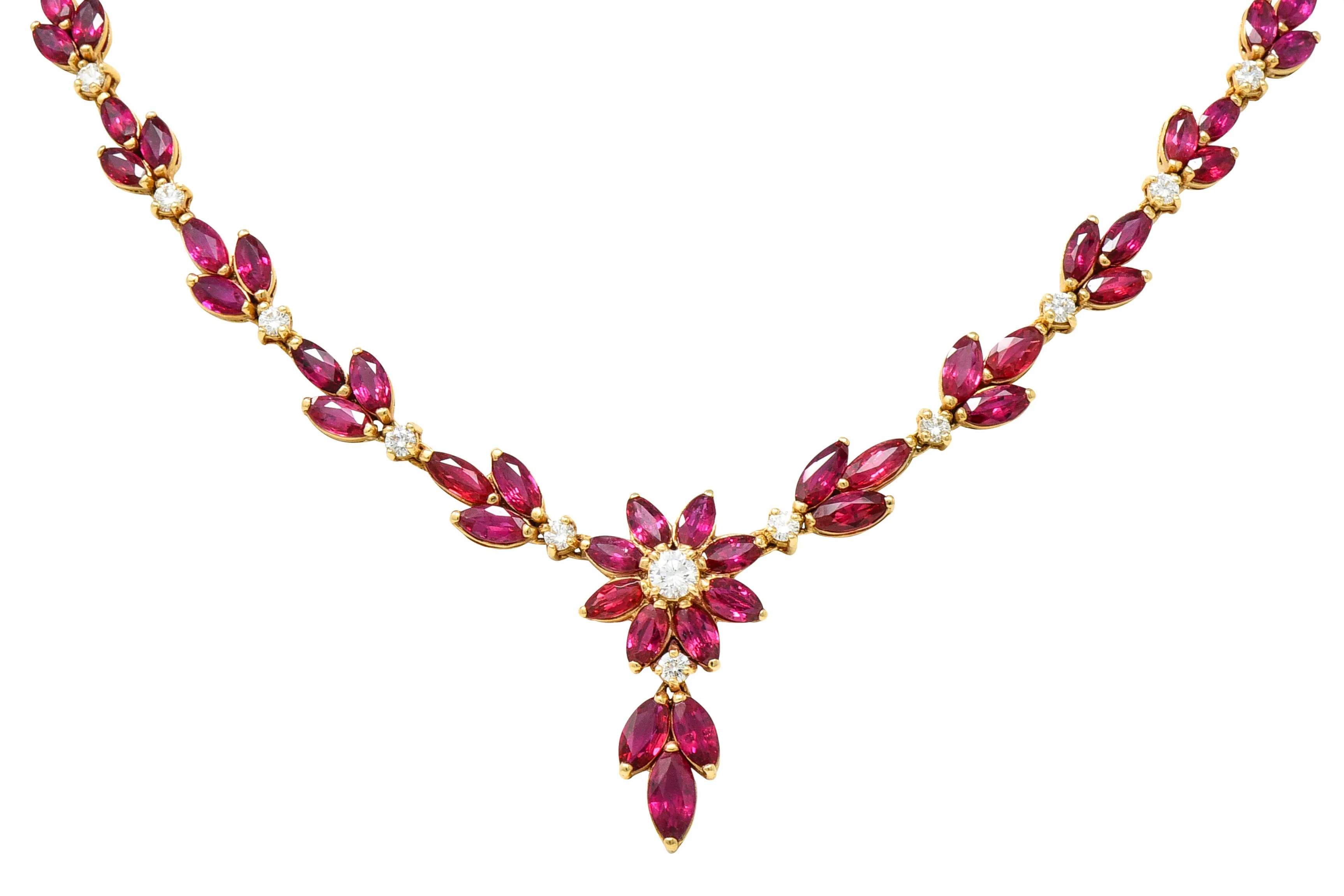 Vintage 11.50 CTW Ruby Diamond 18 Karat Yellow Gold Floral Cluster Station Necklace