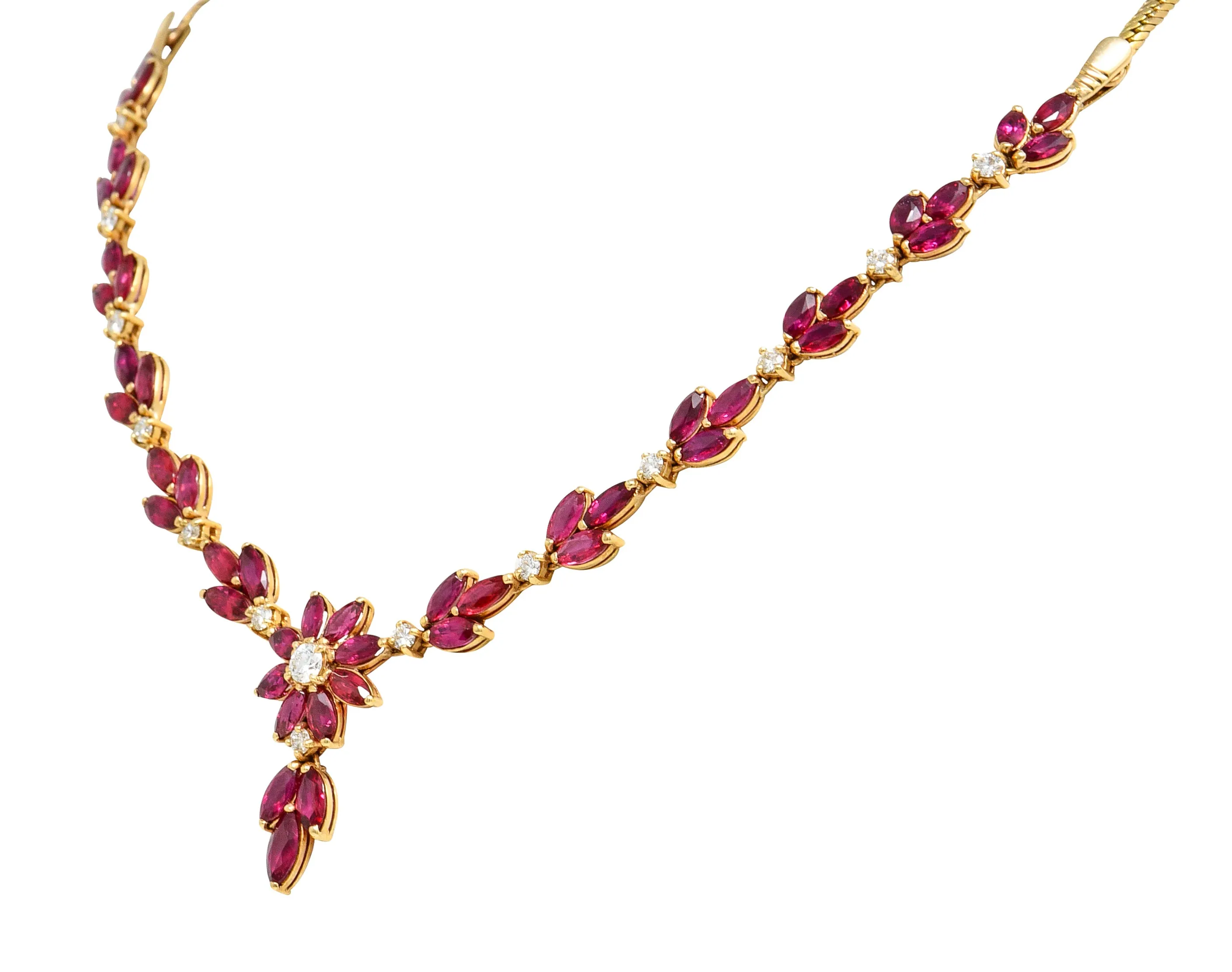 Vintage 11.50 CTW Ruby Diamond 18 Karat Yellow Gold Floral Cluster Station Necklace