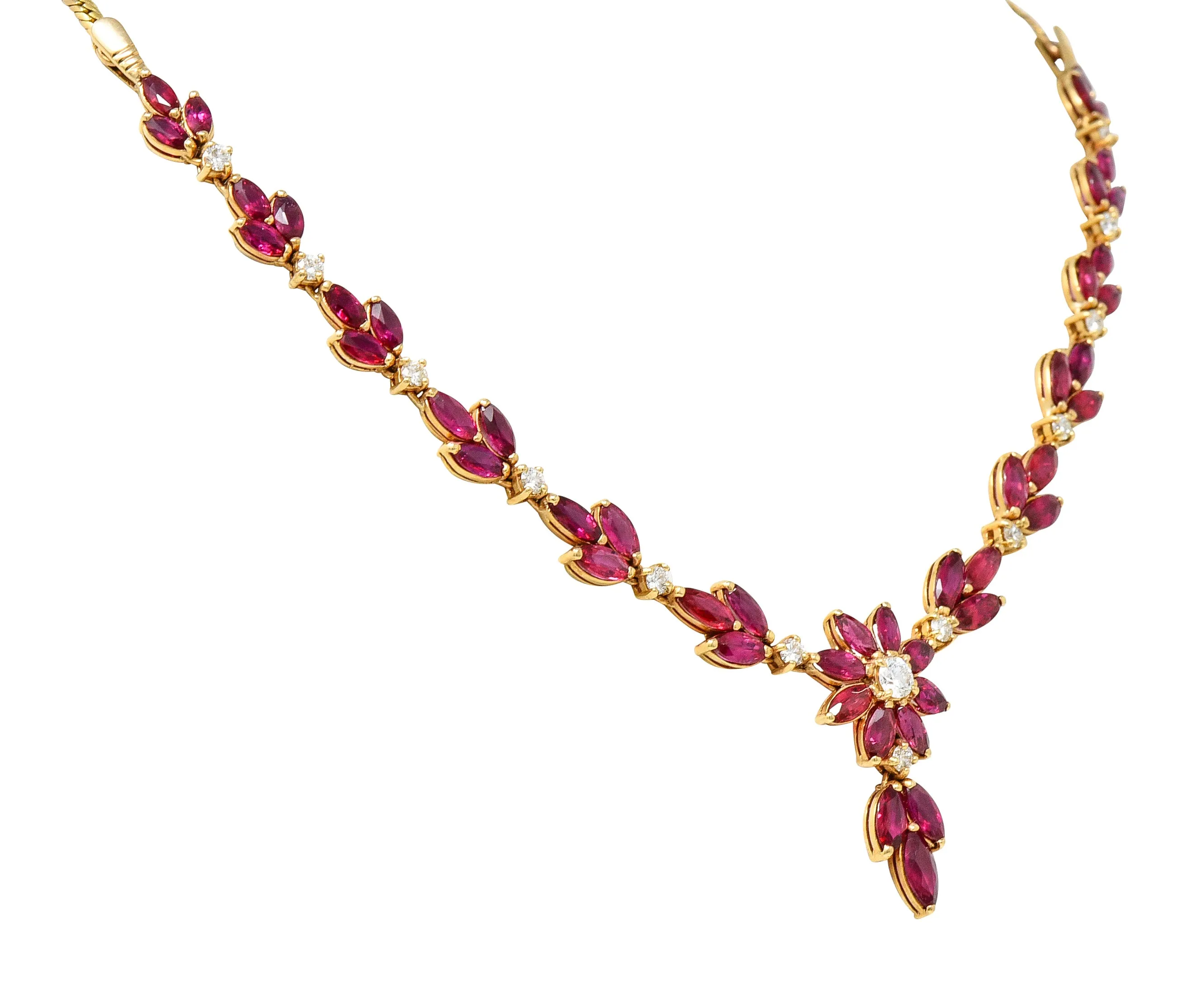 Vintage 11.50 CTW Ruby Diamond 18 Karat Yellow Gold Floral Cluster Station Necklace