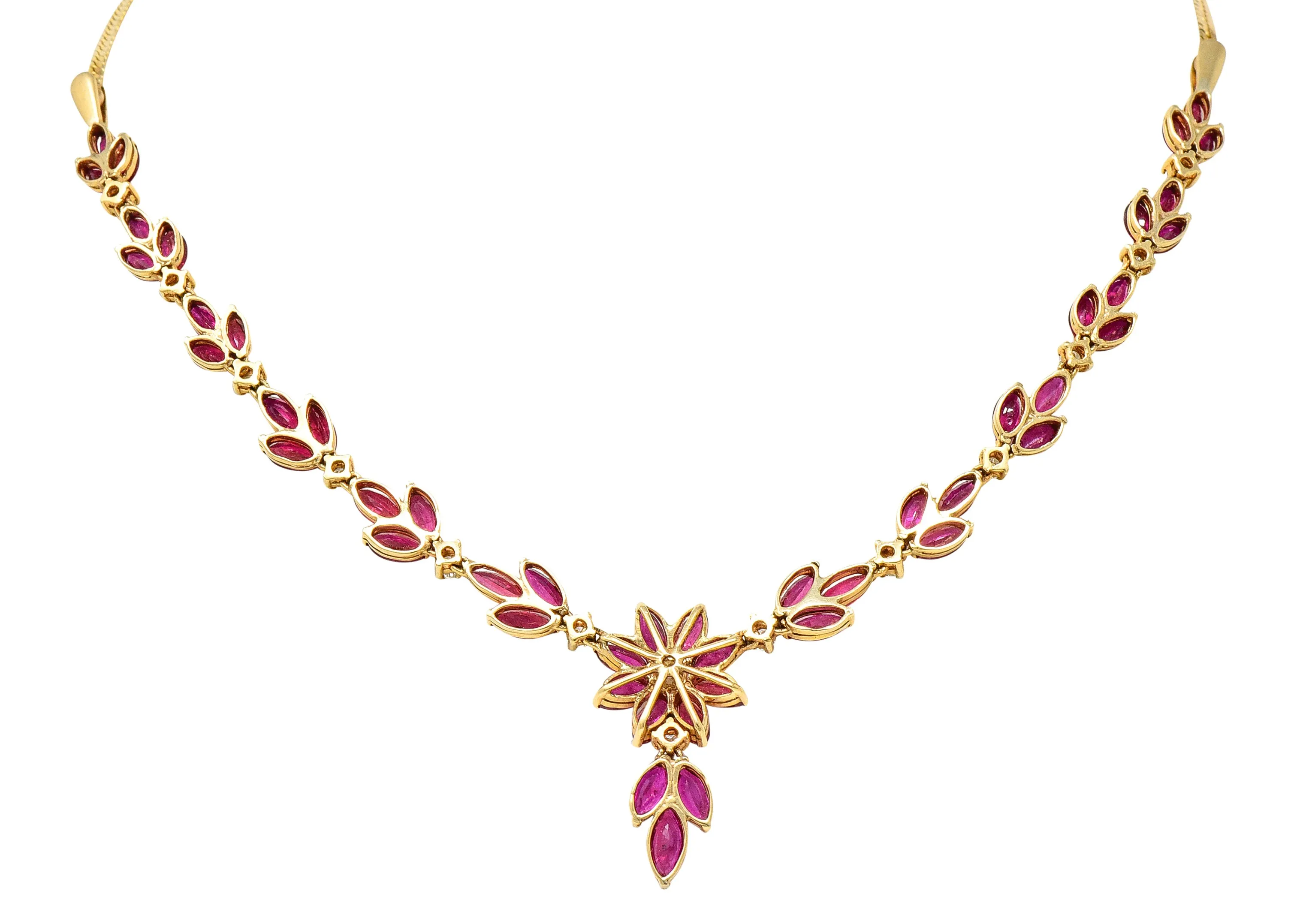 Vintage 11.50 CTW Ruby Diamond 18 Karat Yellow Gold Floral Cluster Station Necklace
