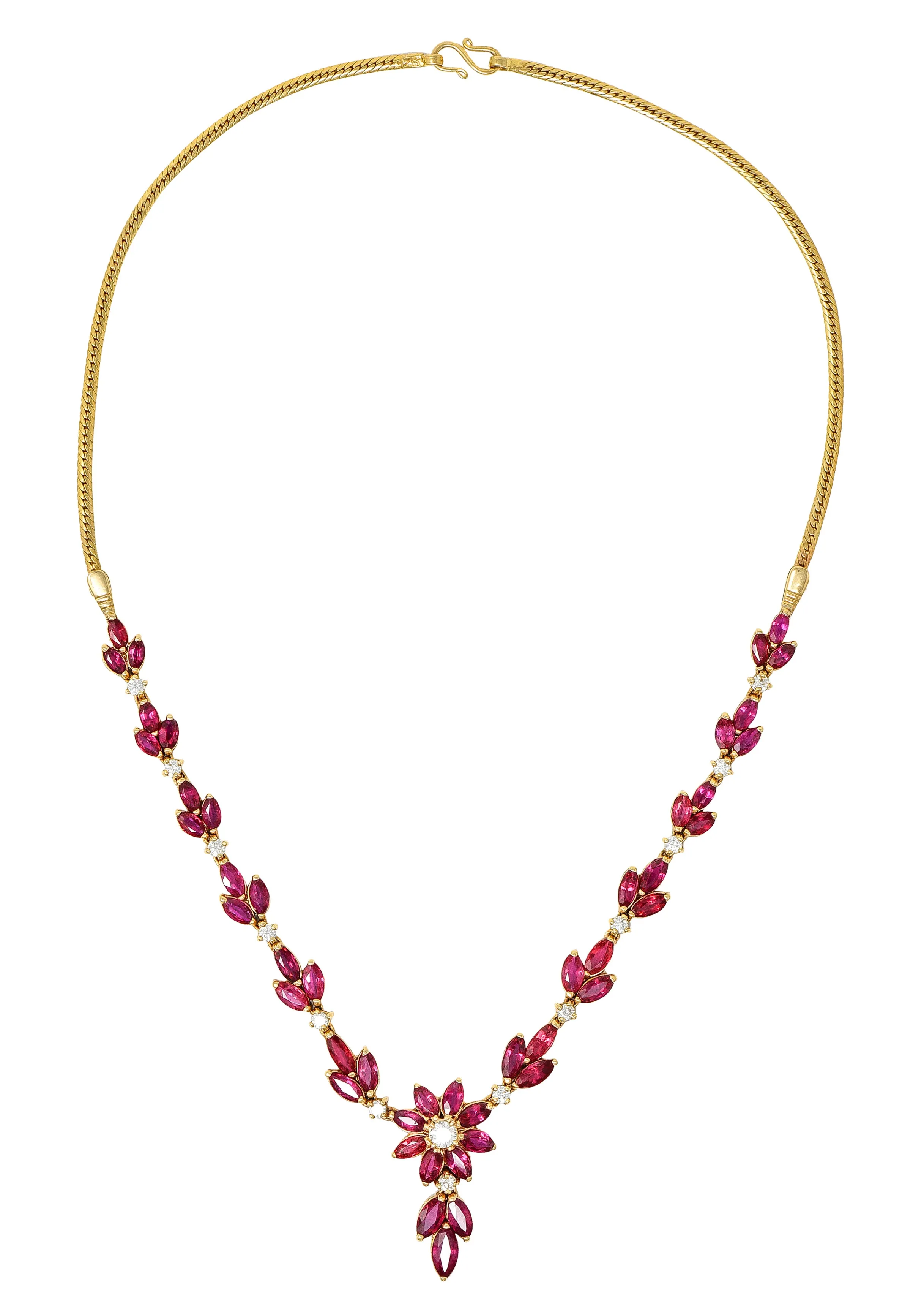 Vintage 11.50 CTW Ruby Diamond 18 Karat Yellow Gold Floral Cluster Station Necklace
