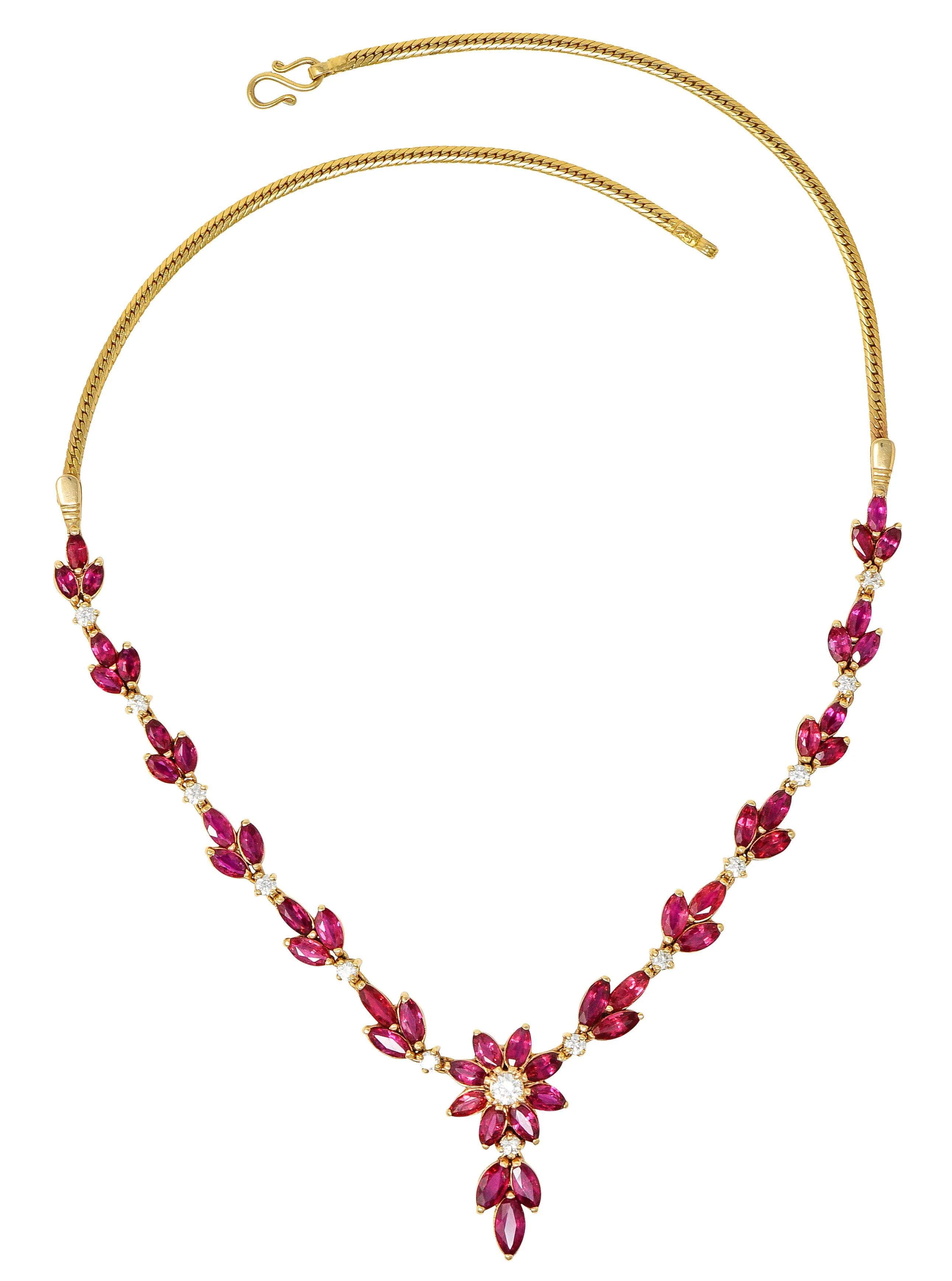 Vintage 11.50 CTW Ruby Diamond 18 Karat Yellow Gold Floral Cluster Station Necklace