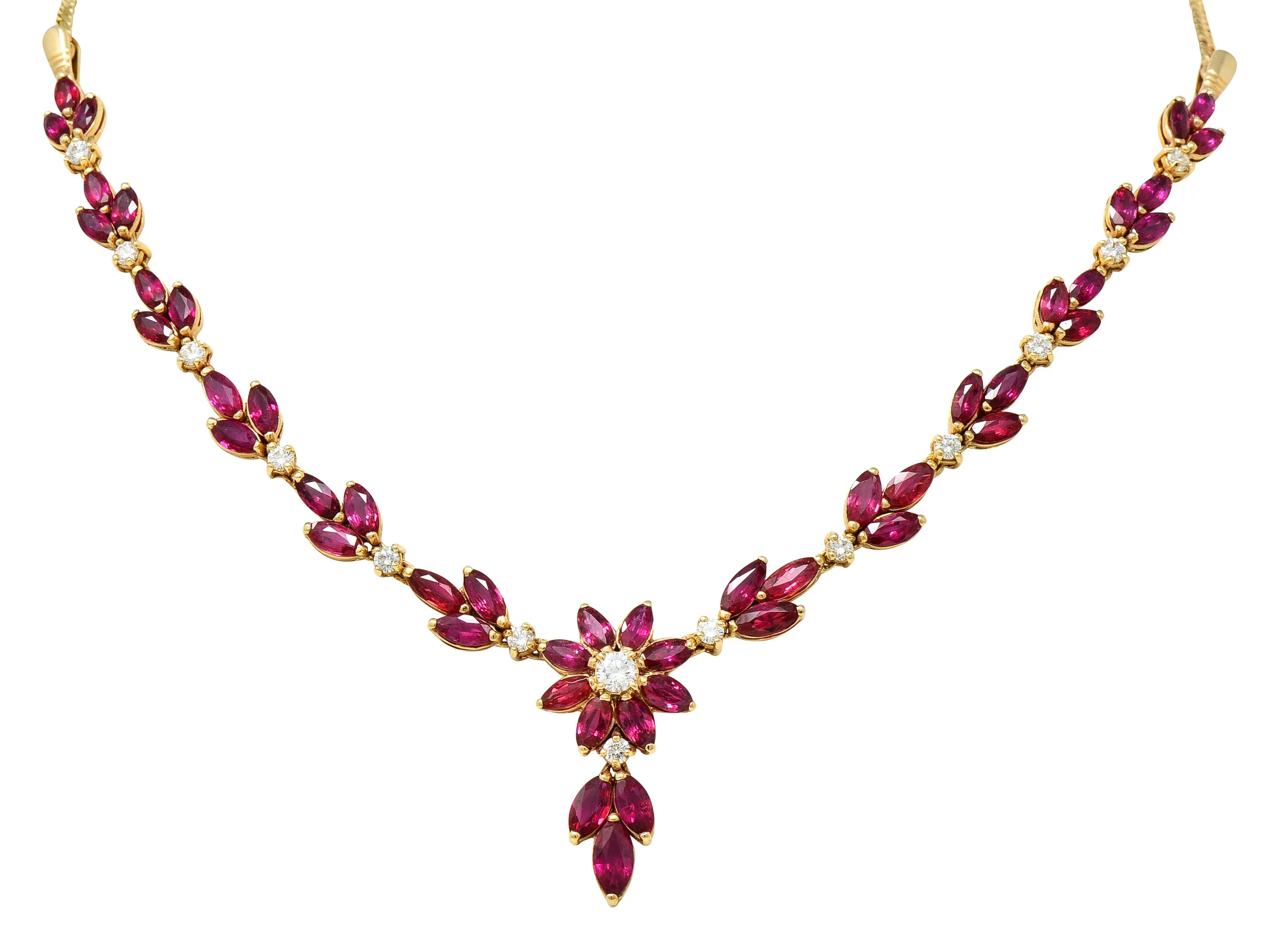 Vintage 11.50 CTW Ruby Diamond 18 Karat Yellow Gold Floral Cluster Station Necklace