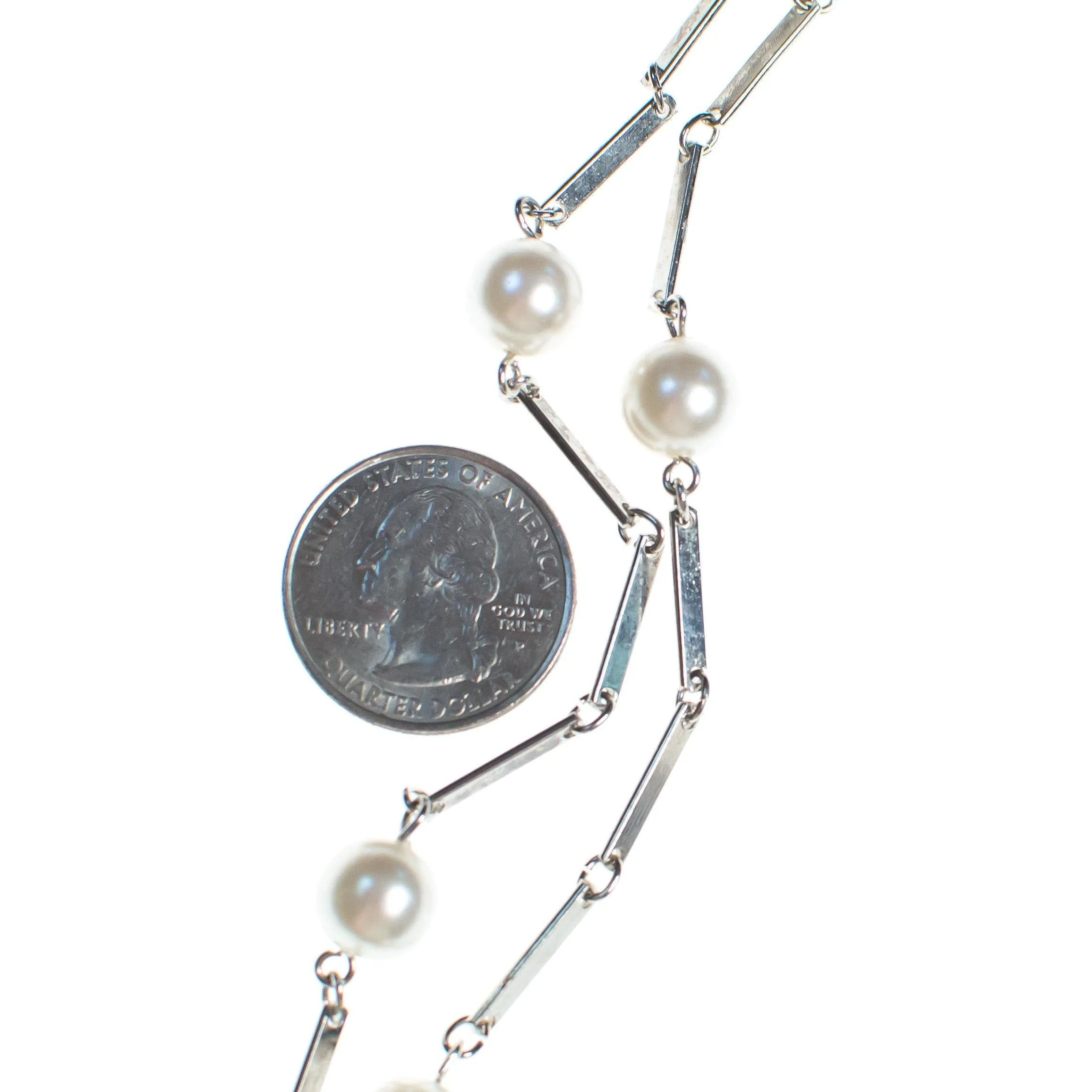 Vintage 1960s Flat Link Silver Chain Station Necklace with Faux Pearls