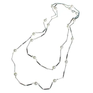 Vintage 1960s Flat Link Silver Chain Station Necklace with Faux Pearls