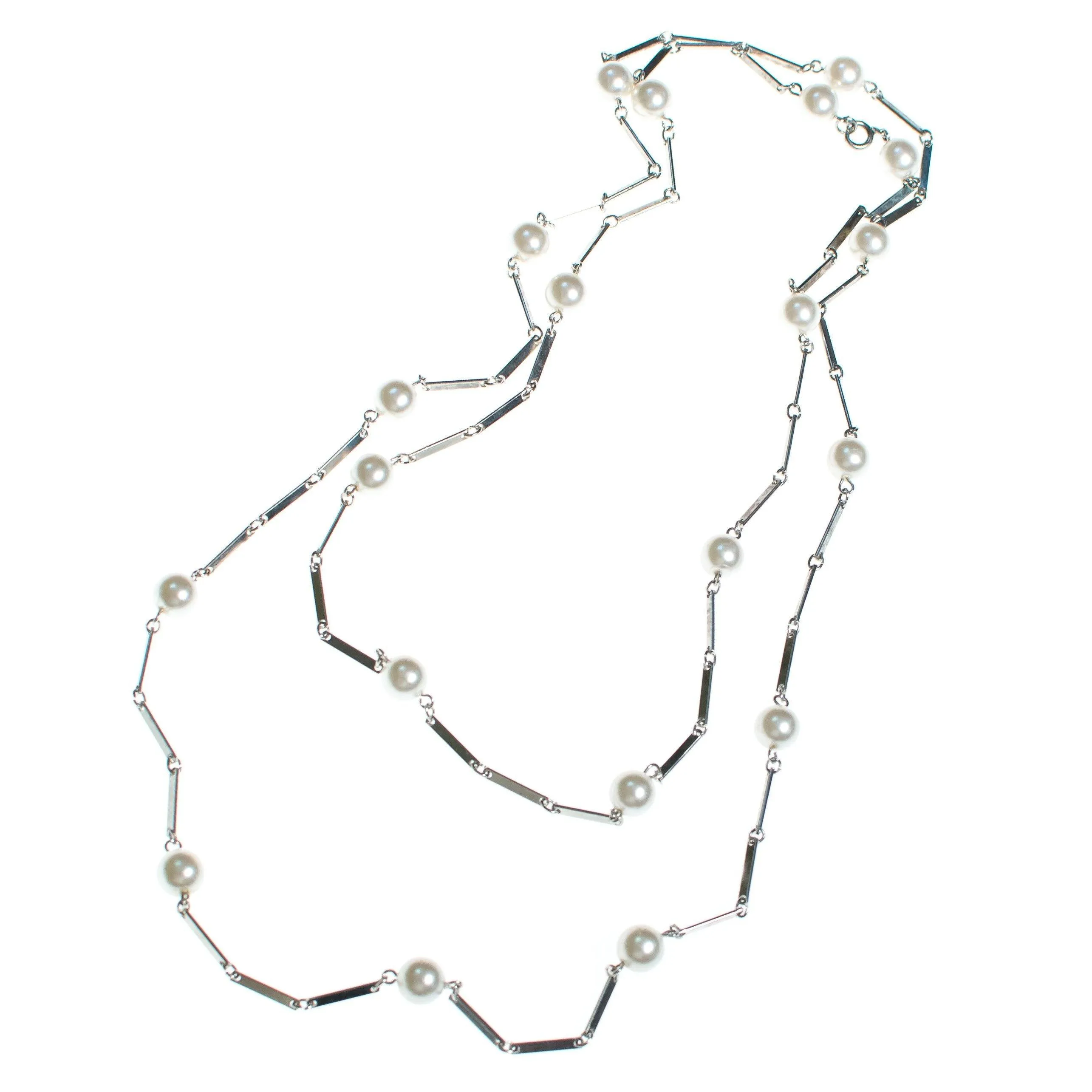 Vintage 1960s Flat Link Silver Chain Station Necklace with Faux Pearls