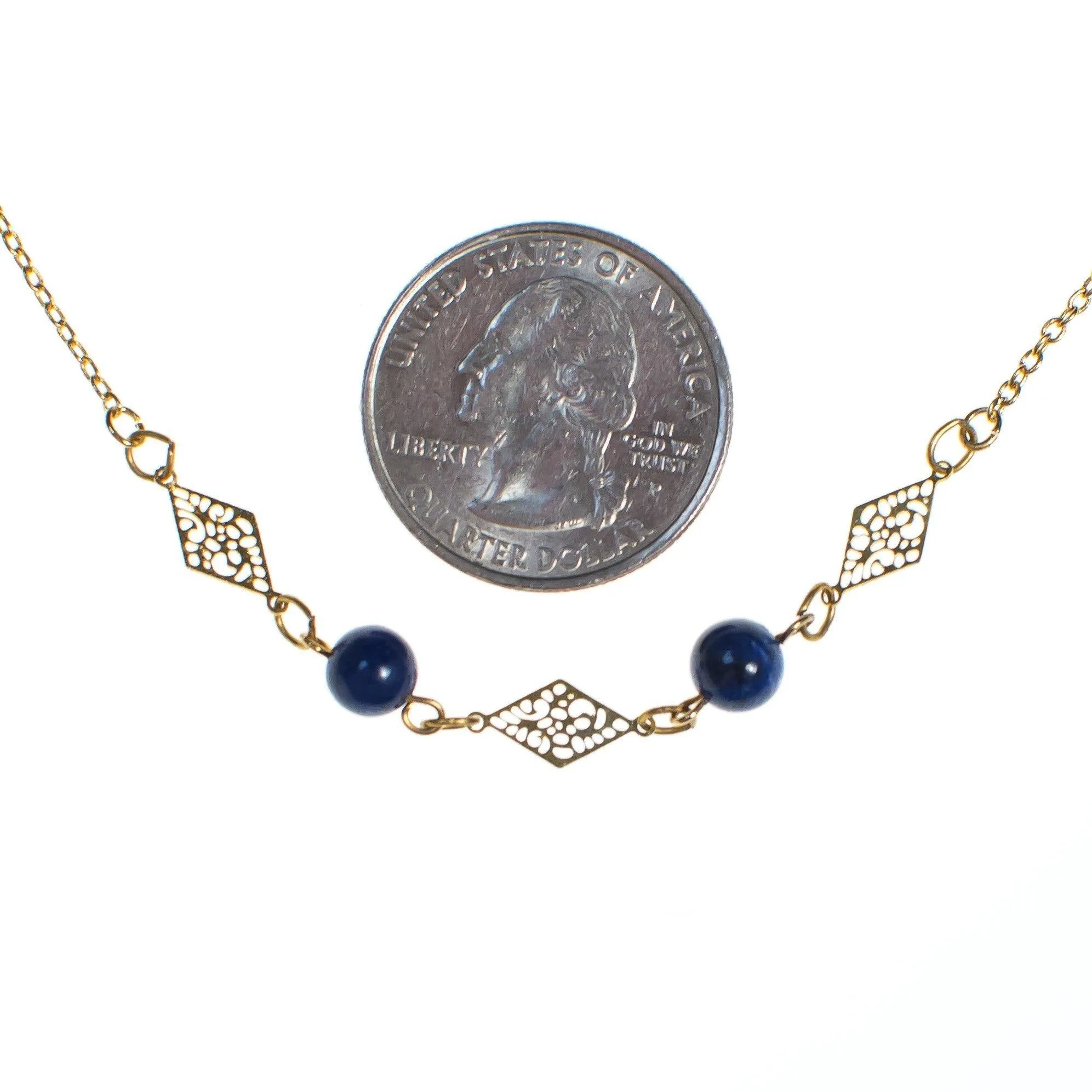 Vintage 1970s Minimalist Lapis and Gold Filigree Geometric Station Necklace