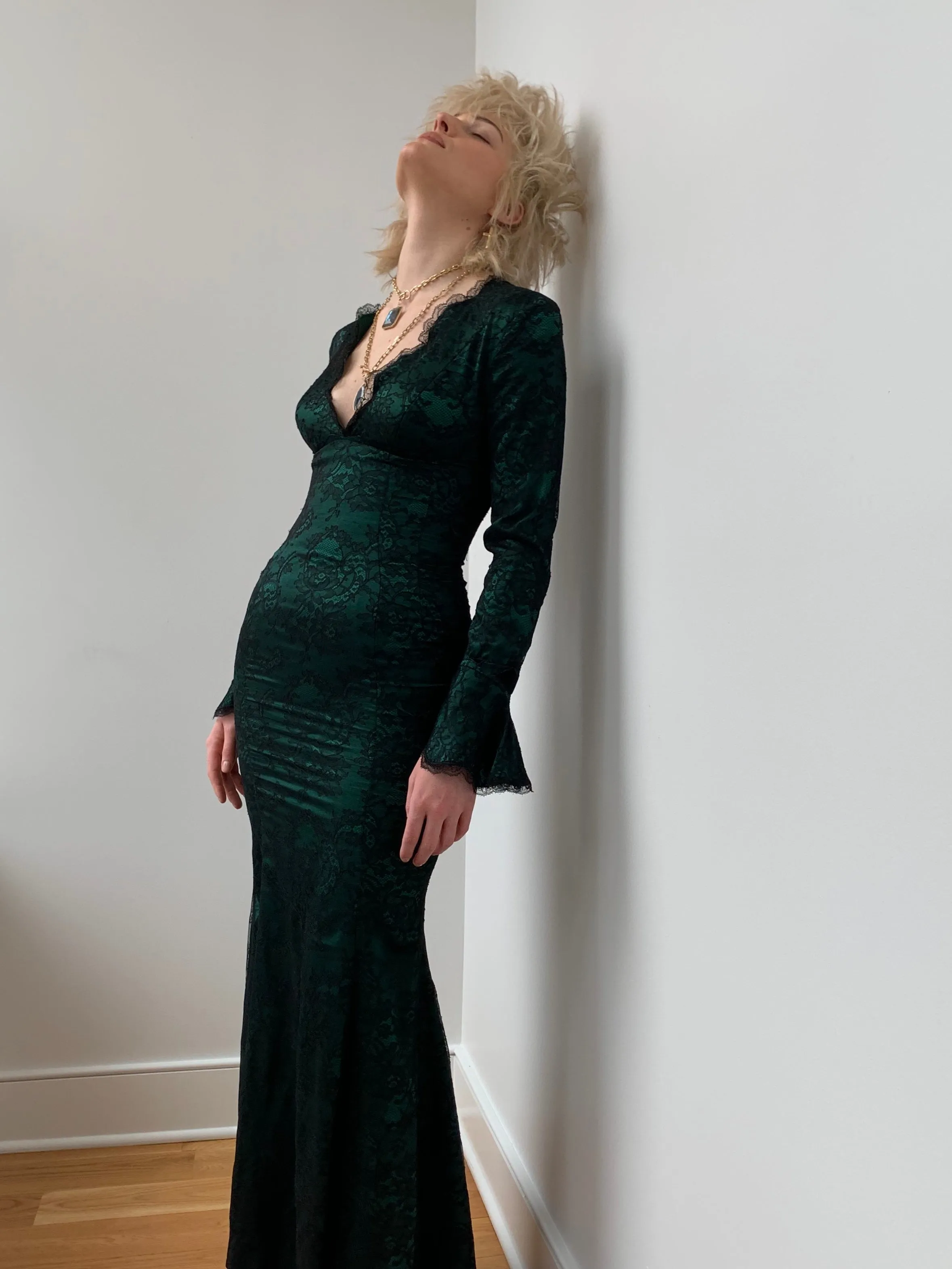 Vintage 1980’s Thierry Mugler Forest Green Silk and Black Lace Gown
