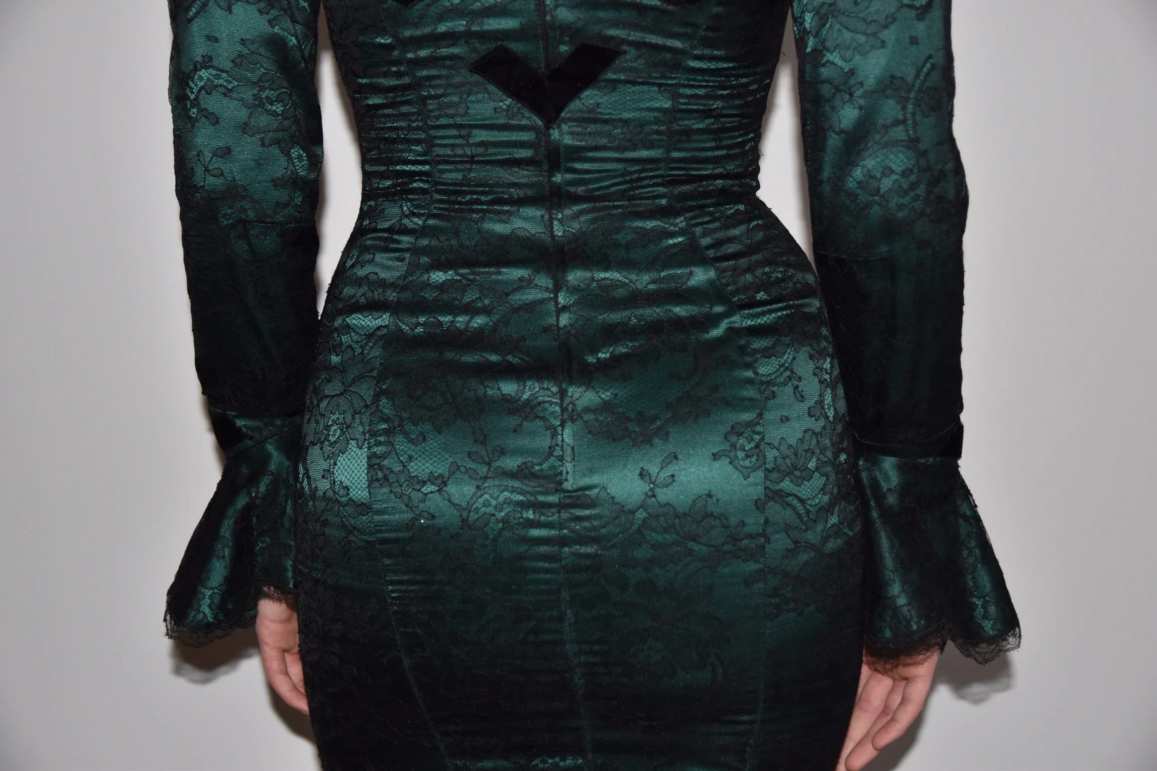 Vintage 1980’s Thierry Mugler Forest Green Silk and Black Lace Gown