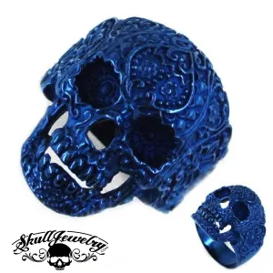 Vintage BLUE Flower Skull Ring (#476)