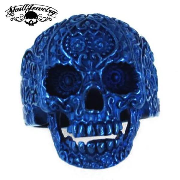 Vintage BLUE Flower Skull Ring (#476)