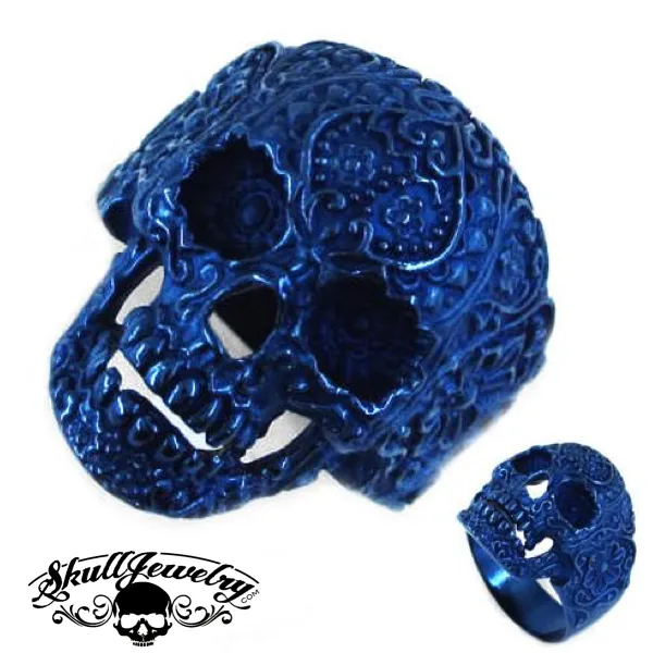 Vintage BLUE Flower Skull Ring (#476)