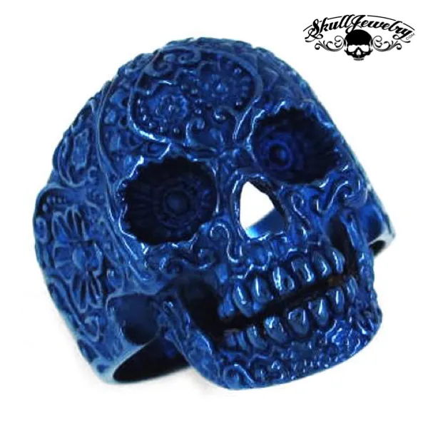 Vintage BLUE Flower Skull Ring (#476)