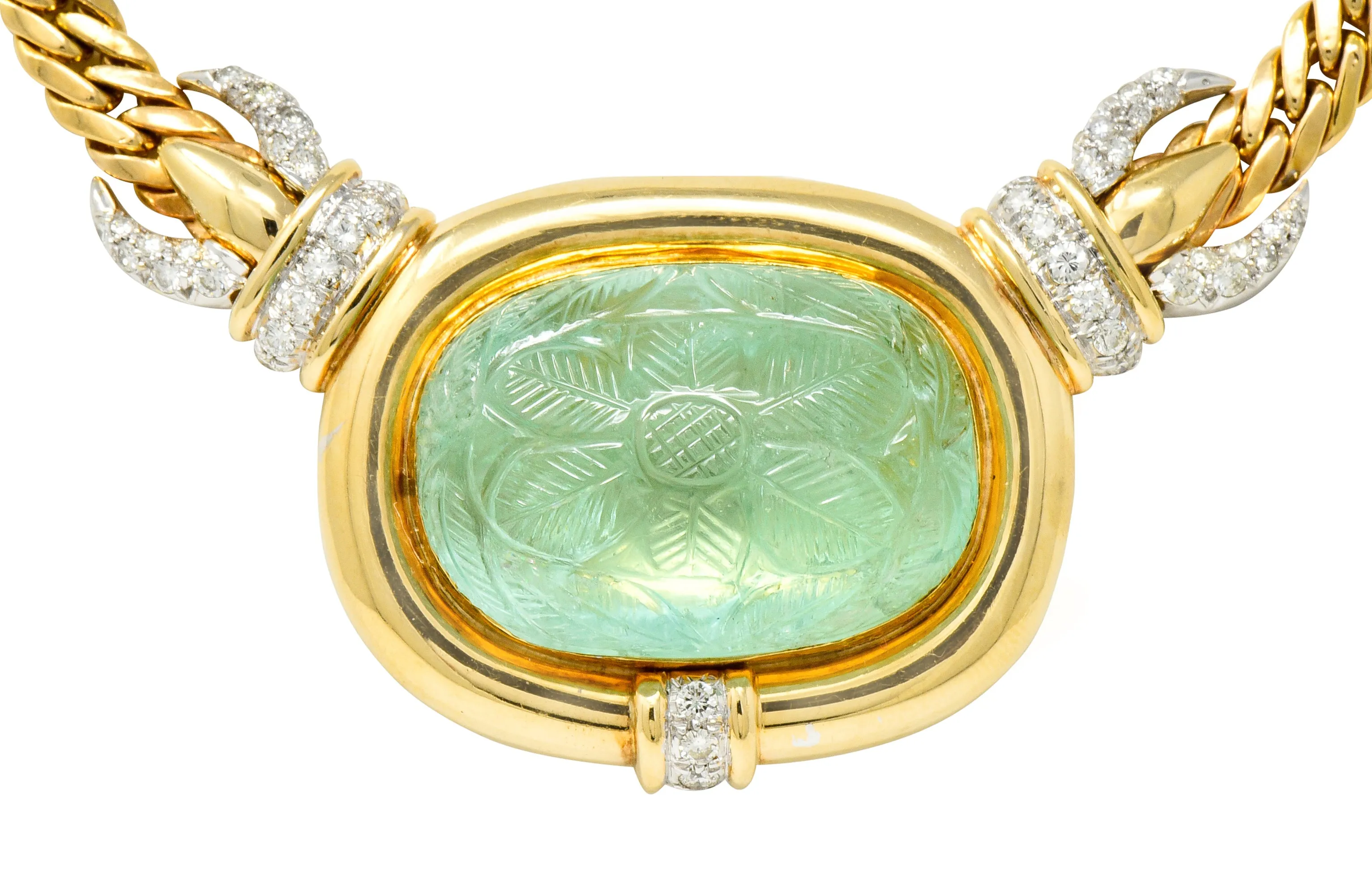 Vintage Diamond Carved Emerald 14 Karat Gold Floral Station Collar Necklace