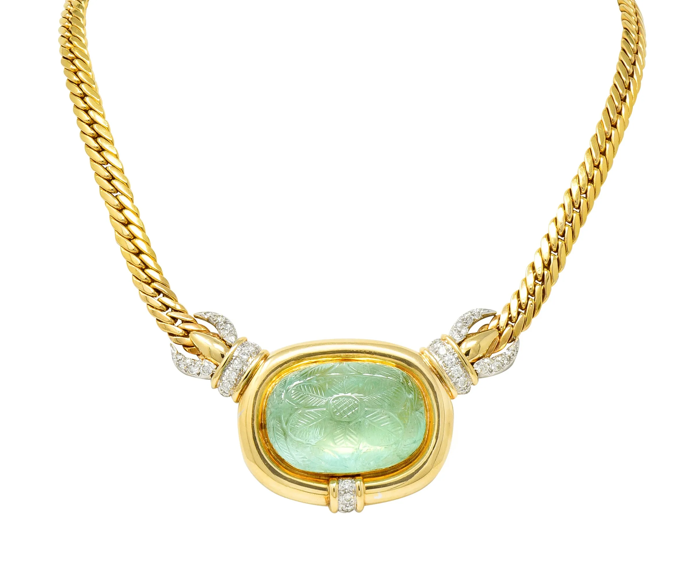 Vintage Diamond Carved Emerald 14 Karat Gold Floral Station Collar Necklace