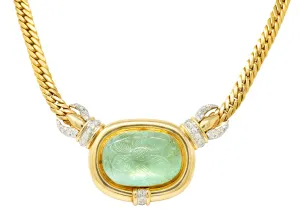 Vintage Diamond Carved Emerald 14 Karat Gold Floral Station Collar Necklace