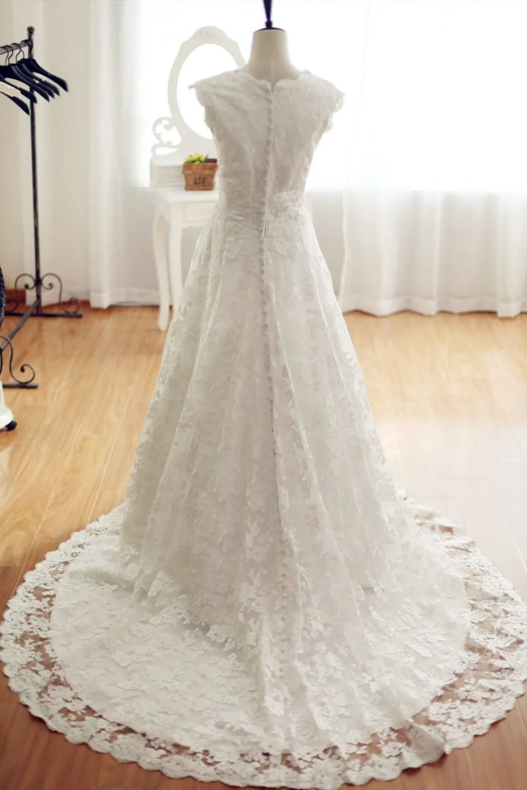 Vintage Inspired Lace V Neck Wedding Dress, Chapel Train