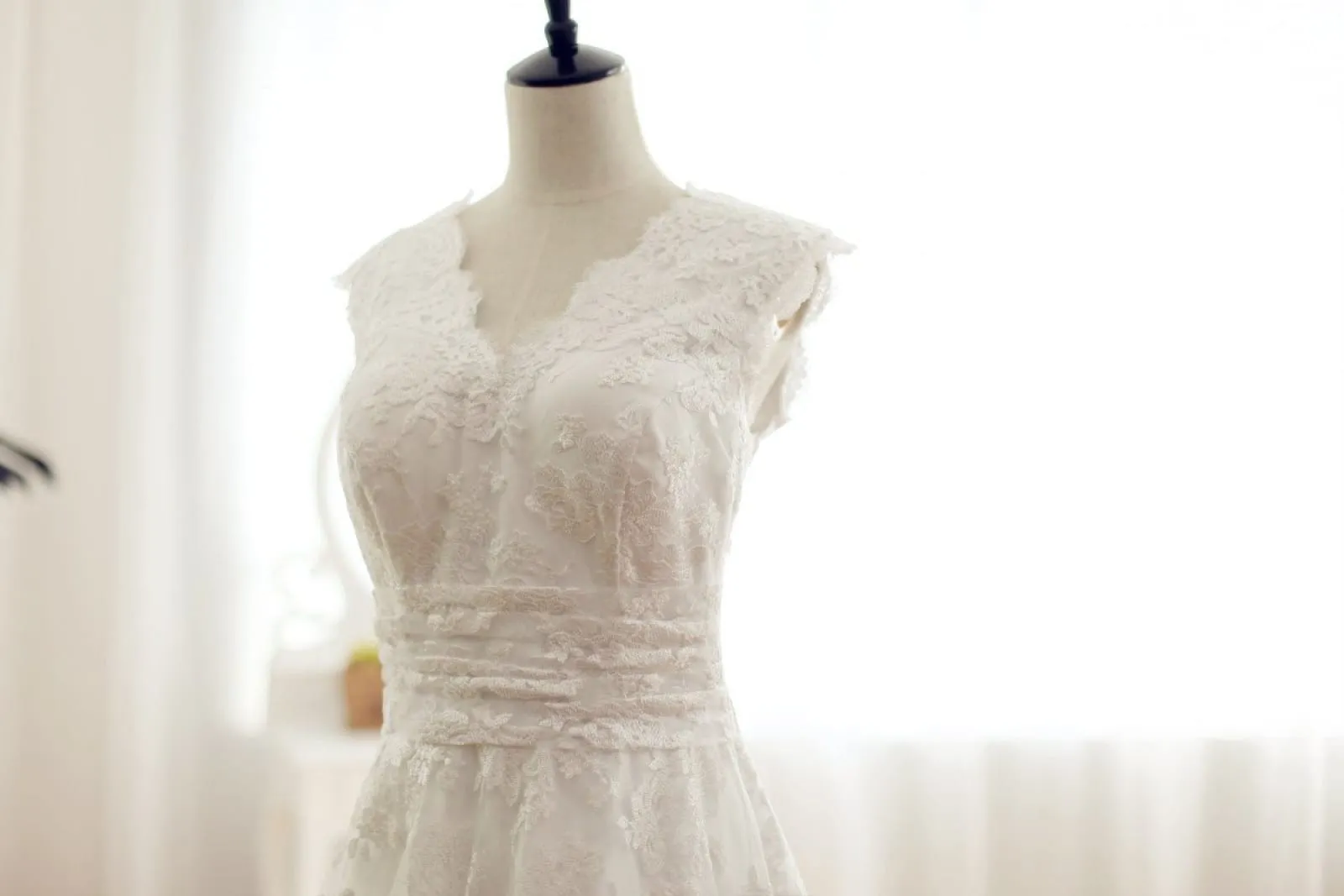 Vintage Inspired Lace V Neck Wedding Dress, Chapel Train