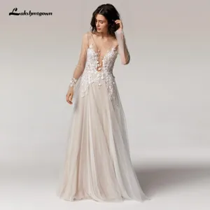 Vintage Lace Long Sleeve Bridal Dress Sexy Appliques