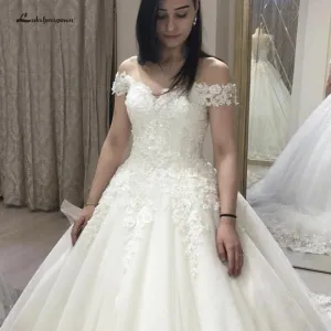 Vintage Lace Tulle Wedding Gown Lace Up Back Off The Shoulder