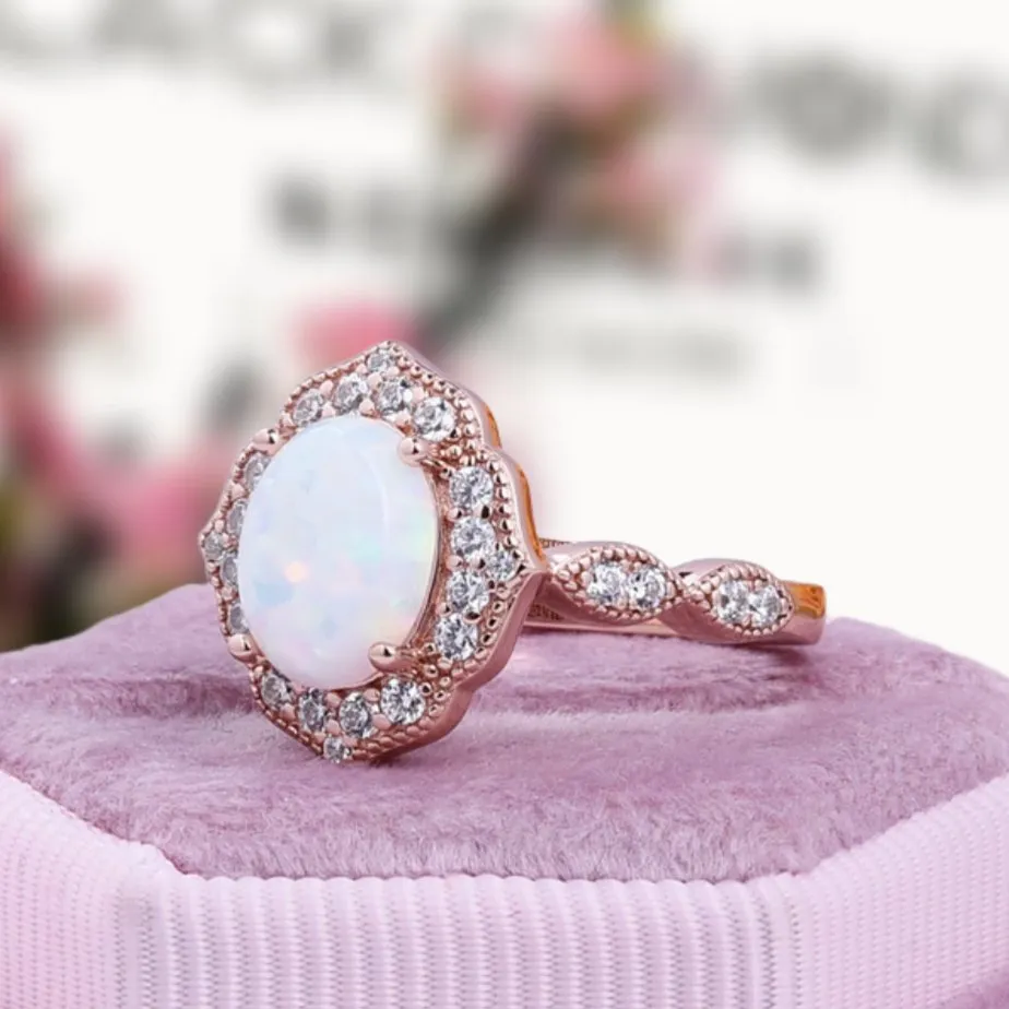 Vintage Rose Gold Oval Cut Opal Engagement Ring