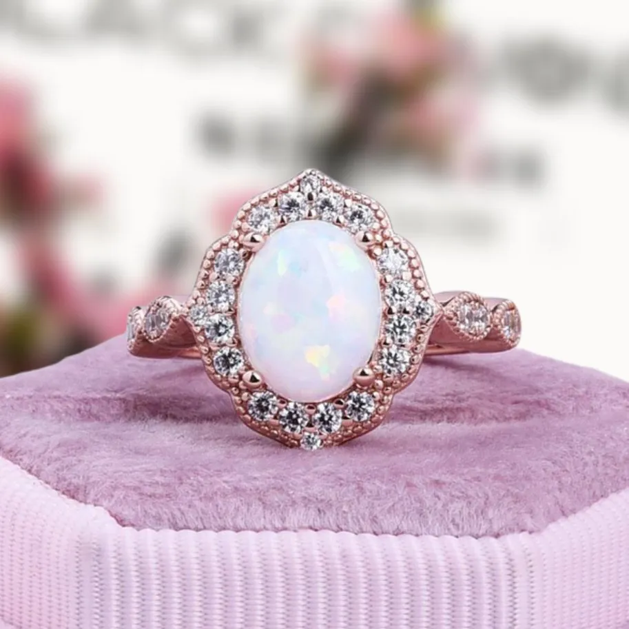 Vintage Rose Gold Oval Cut Opal Engagement Ring