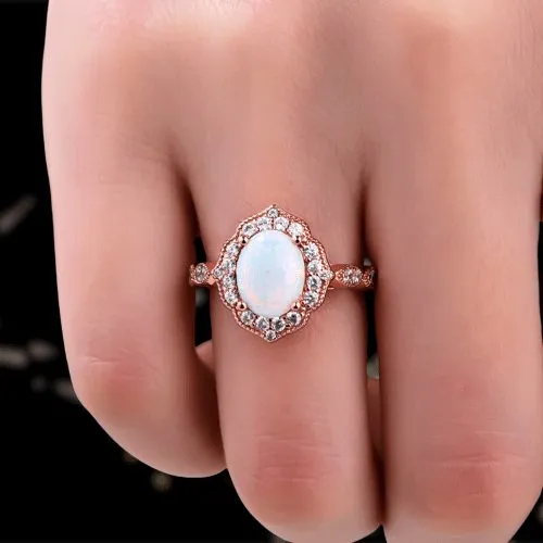Vintage Rose Gold Oval Cut Opal Engagement Ring
