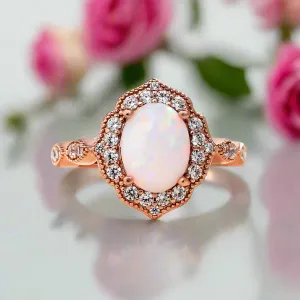 Vintage Rose Gold Oval Cut Opal Engagement Ring