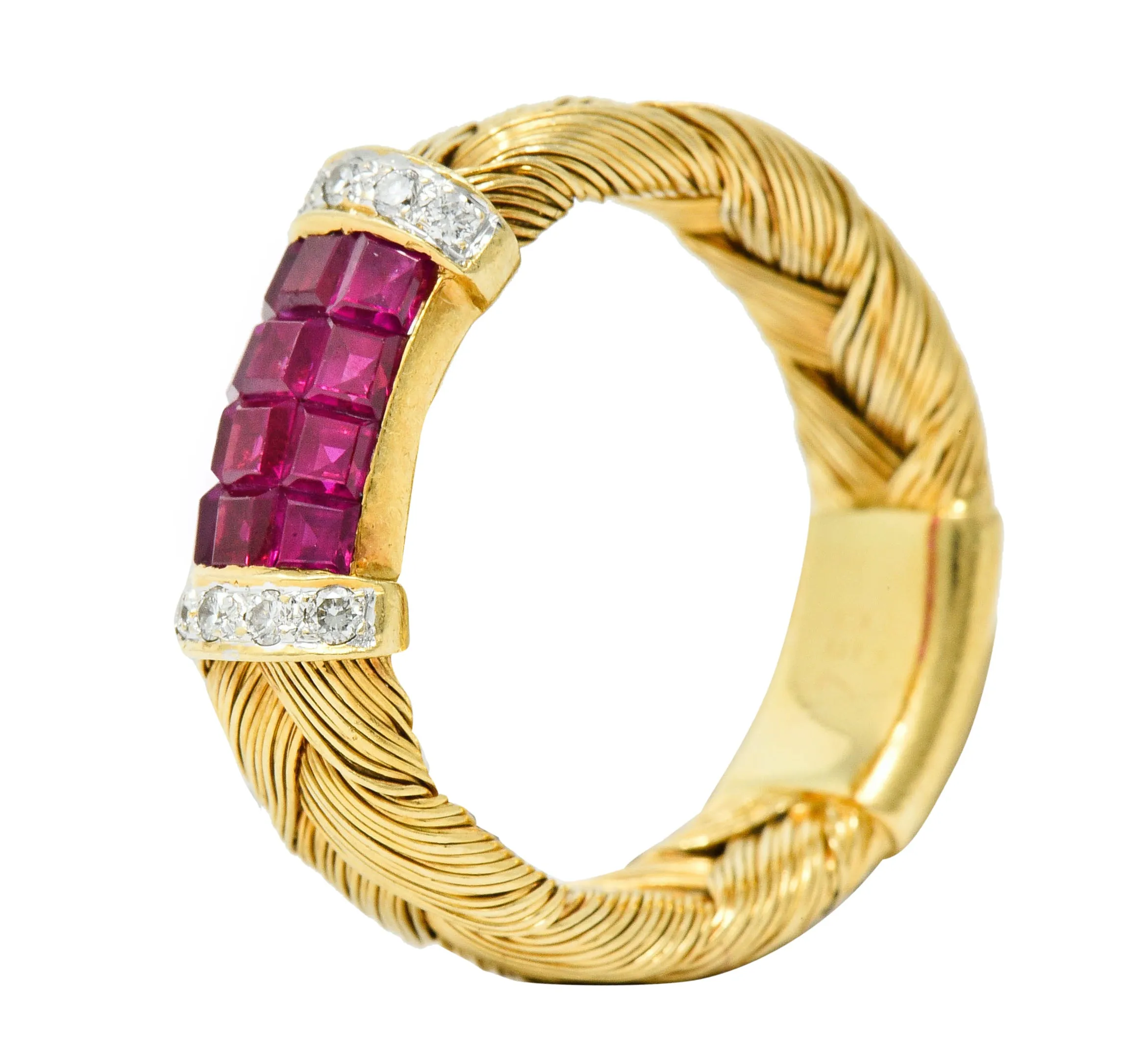 Vintage Ruby Diamond 18 Karat Gold Wheat Band Ring