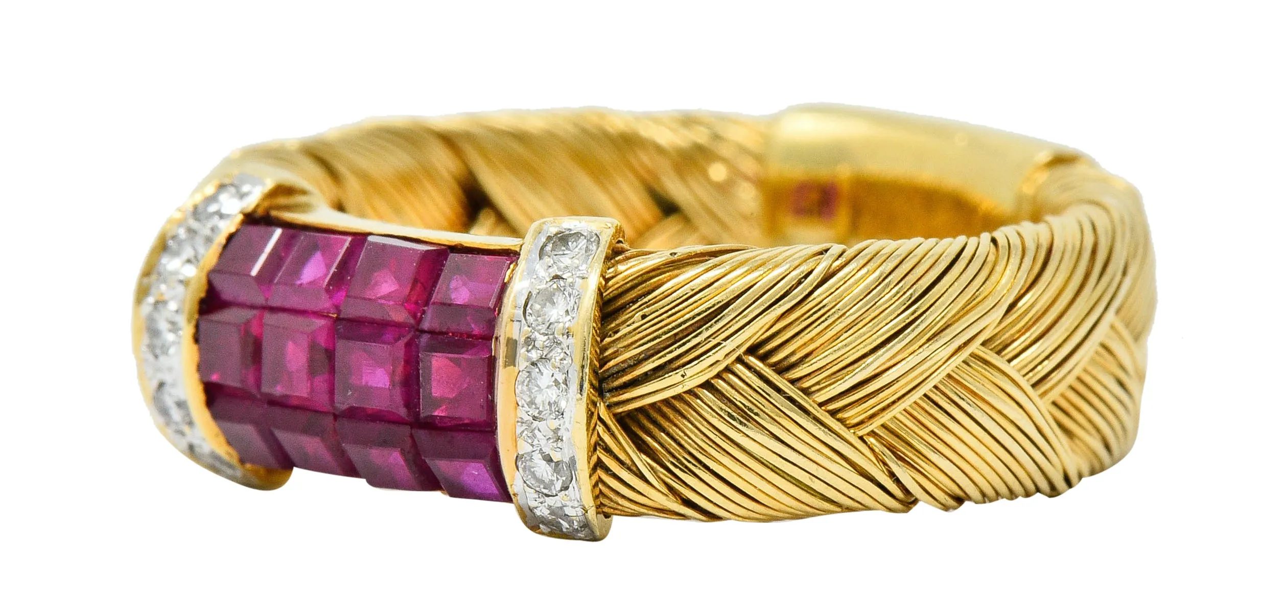 Vintage Ruby Diamond 18 Karat Gold Wheat Band Ring