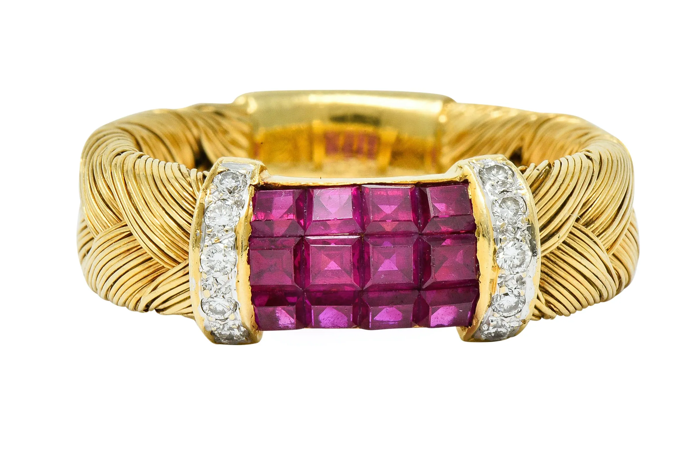 Vintage Ruby Diamond 18 Karat Gold Wheat Band Ring