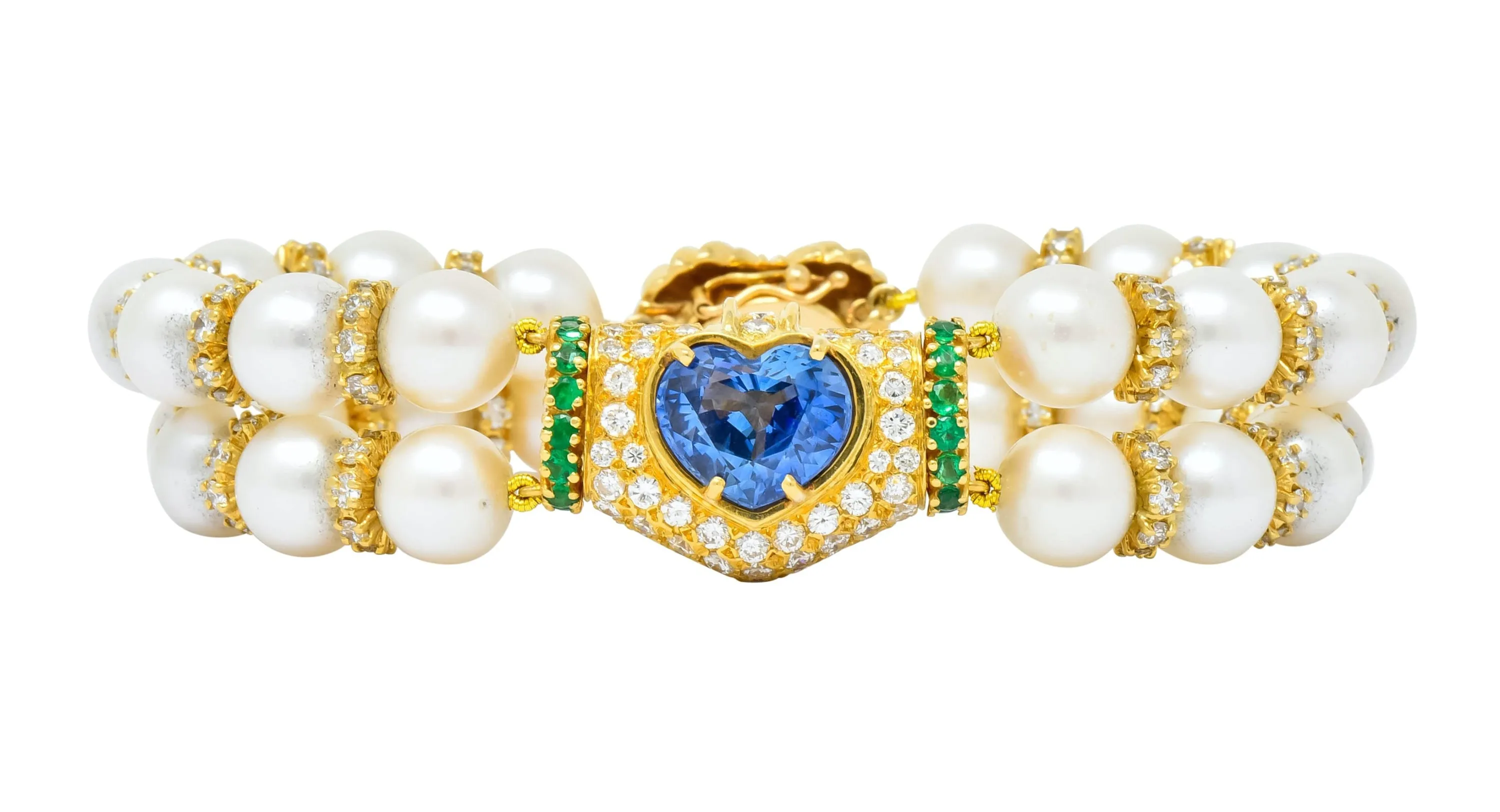 Vintage Sapphire Emerald Diamond Pearl 18 Karat Gold Heart Bracelet