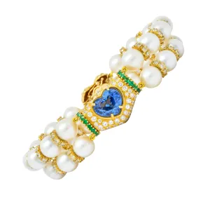 Vintage Sapphire Emerald Diamond Pearl 18 Karat Gold Heart Bracelet