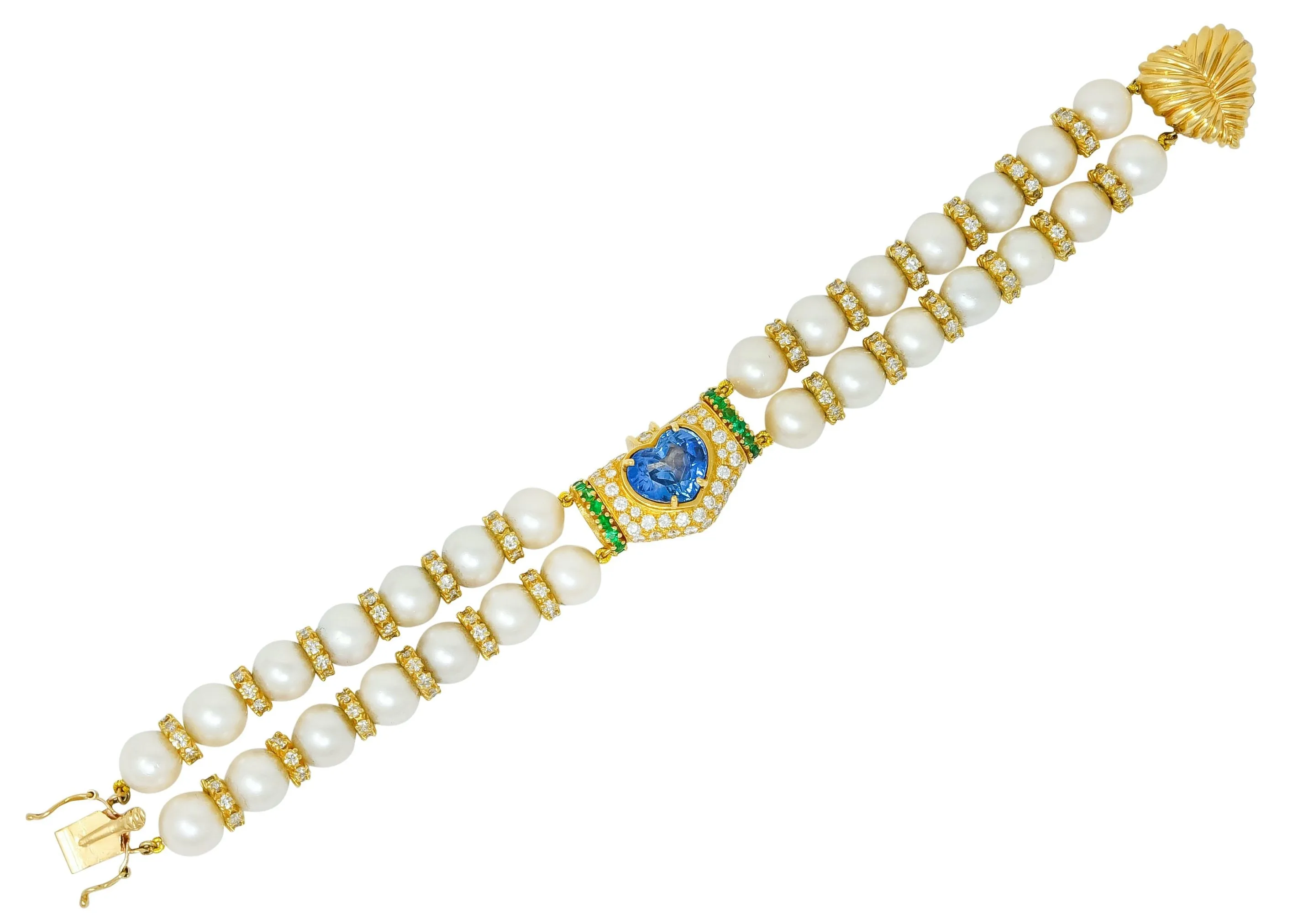 Vintage Sapphire Emerald Diamond Pearl 18 Karat Gold Heart Bracelet