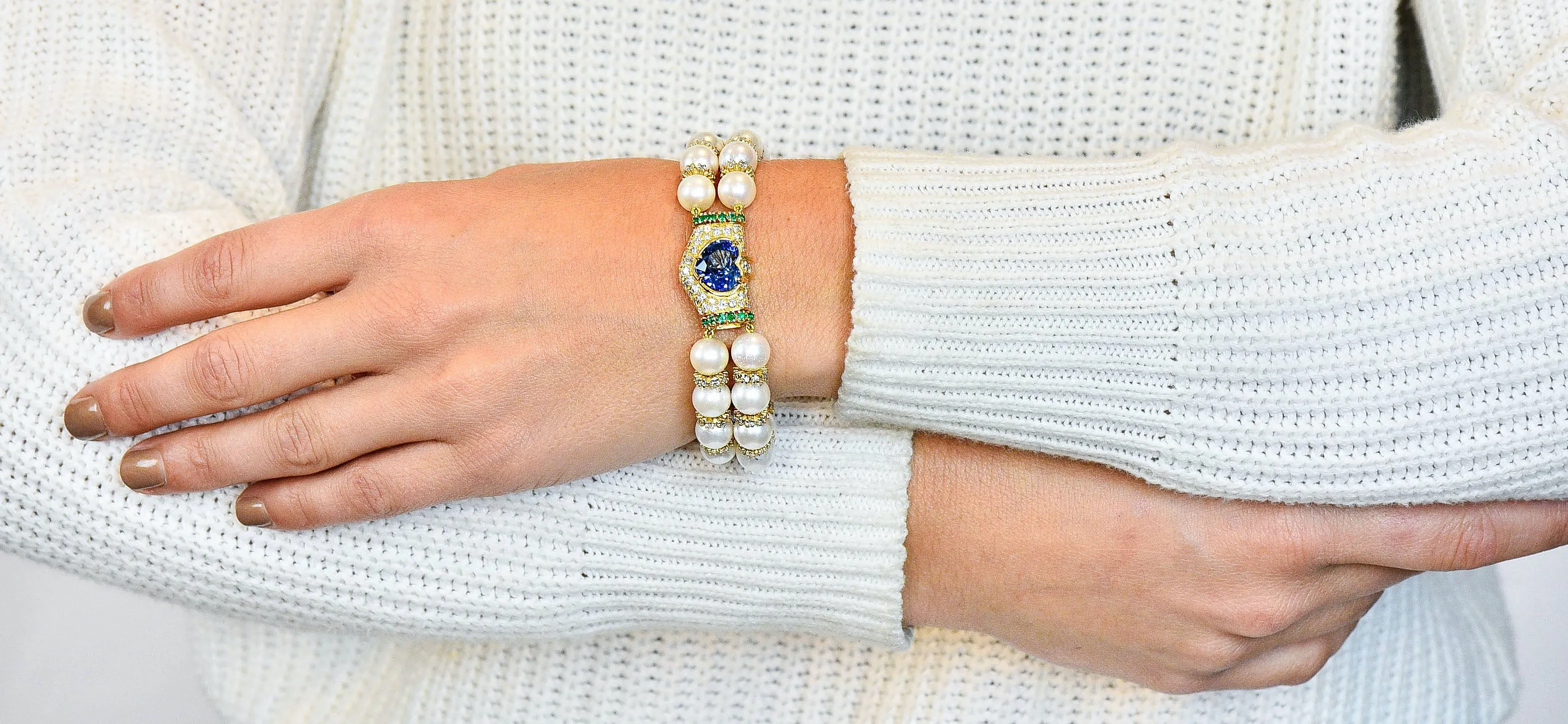 Vintage Sapphire Emerald Diamond Pearl 18 Karat Gold Heart Bracelet