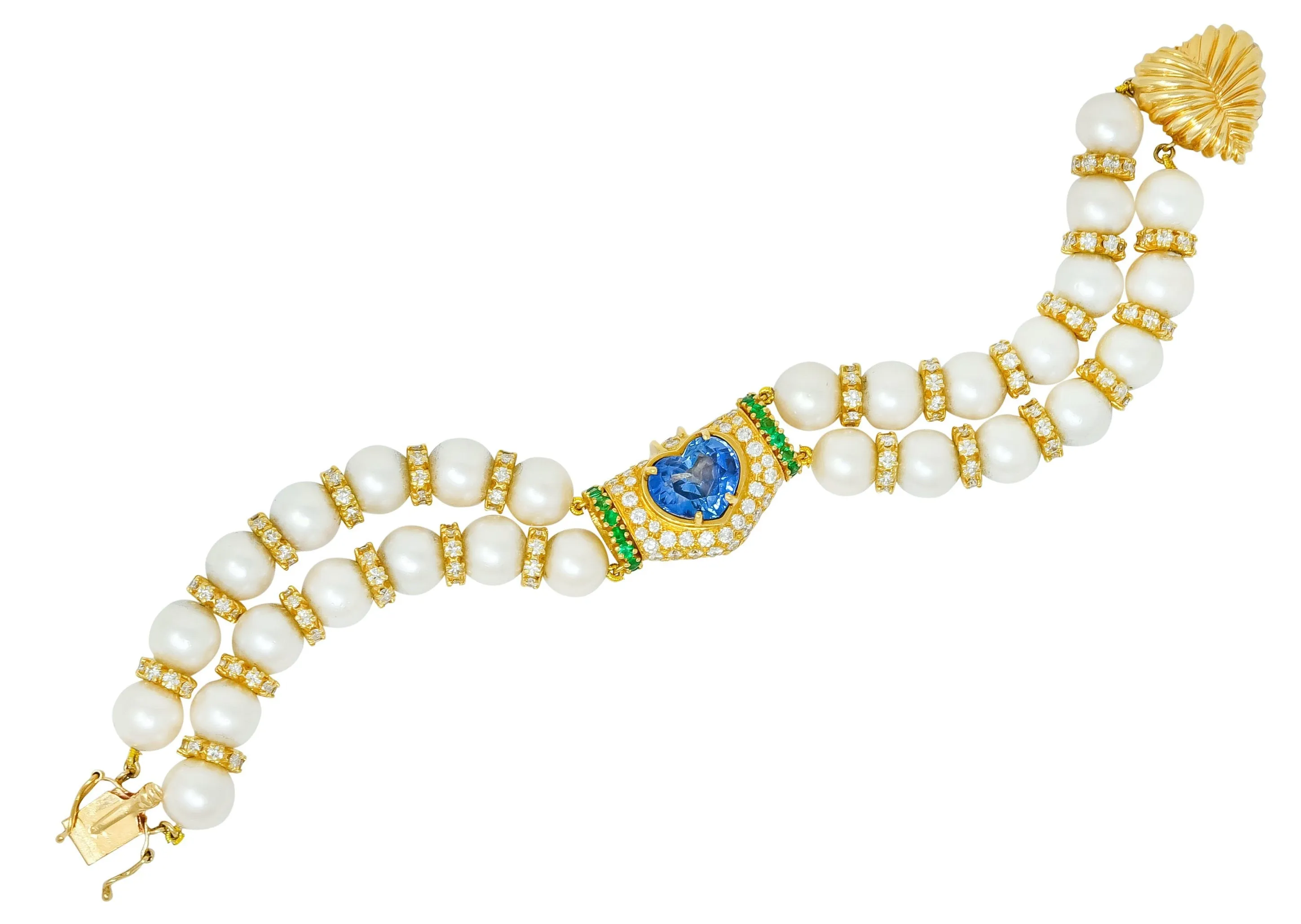 Vintage Sapphire Emerald Diamond Pearl 18 Karat Gold Heart Bracelet