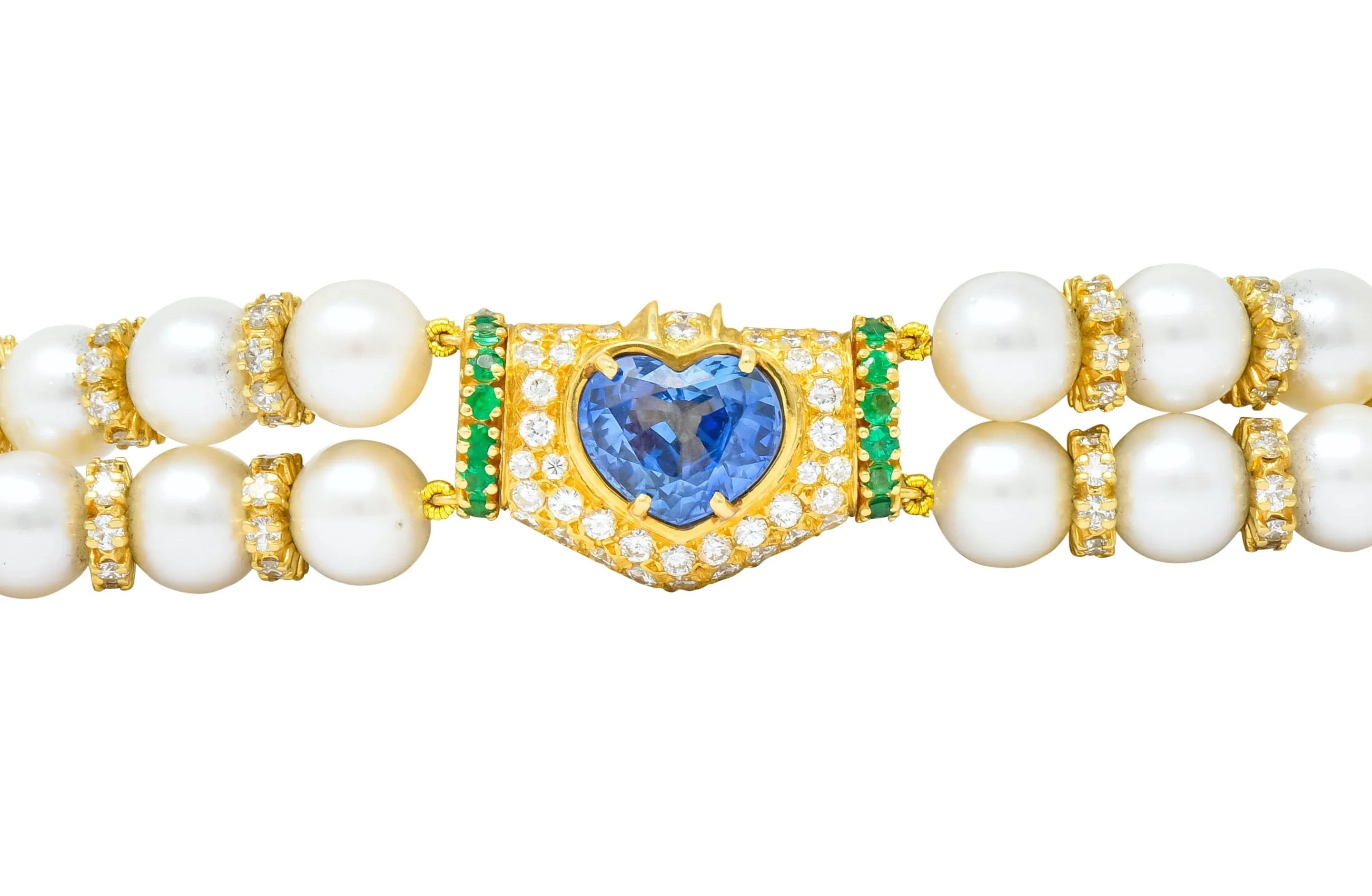 Vintage Sapphire Emerald Diamond Pearl 18 Karat Gold Heart Bracelet