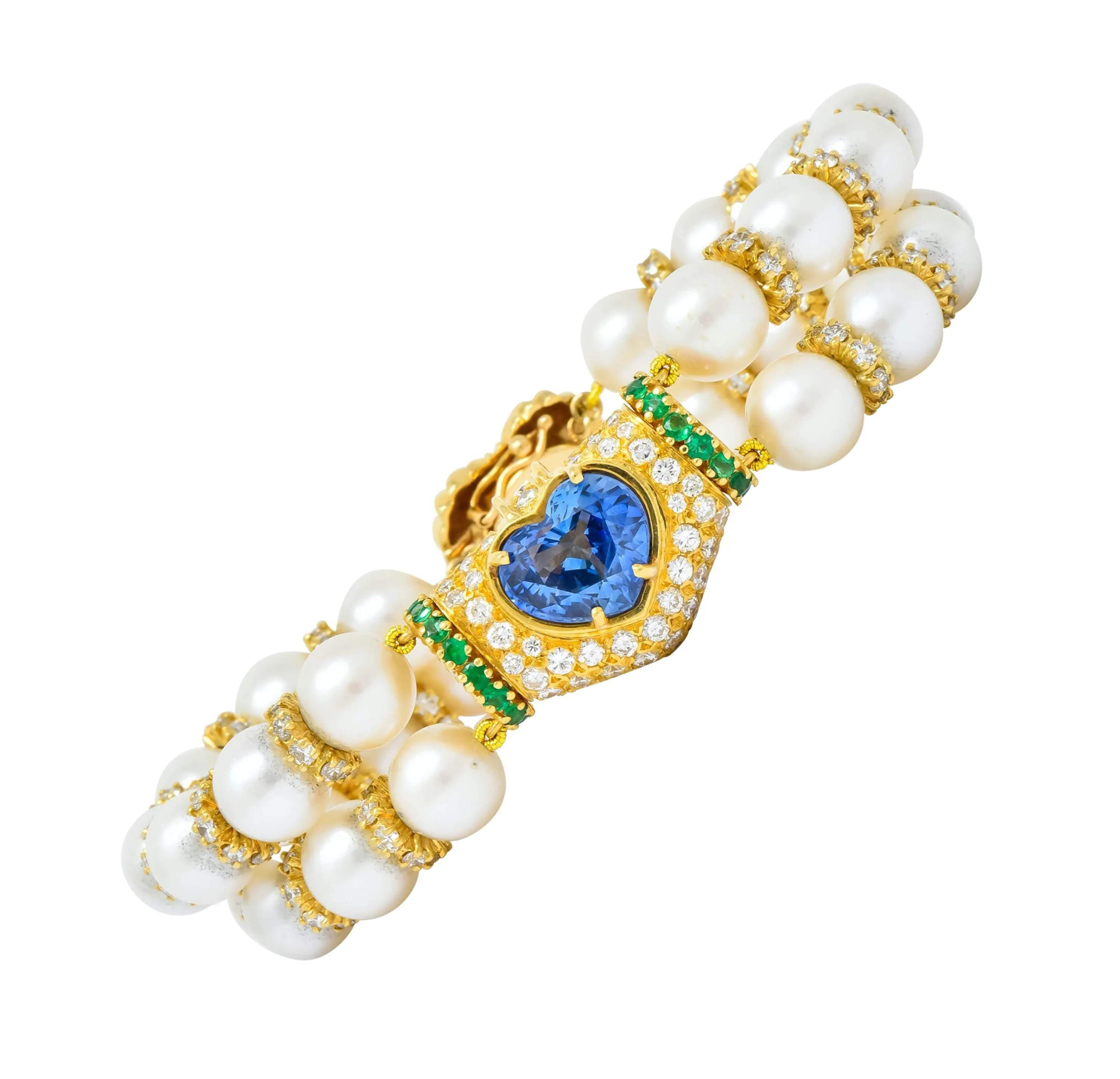 Vintage Sapphire Emerald Diamond Pearl 18 Karat Gold Heart Bracelet