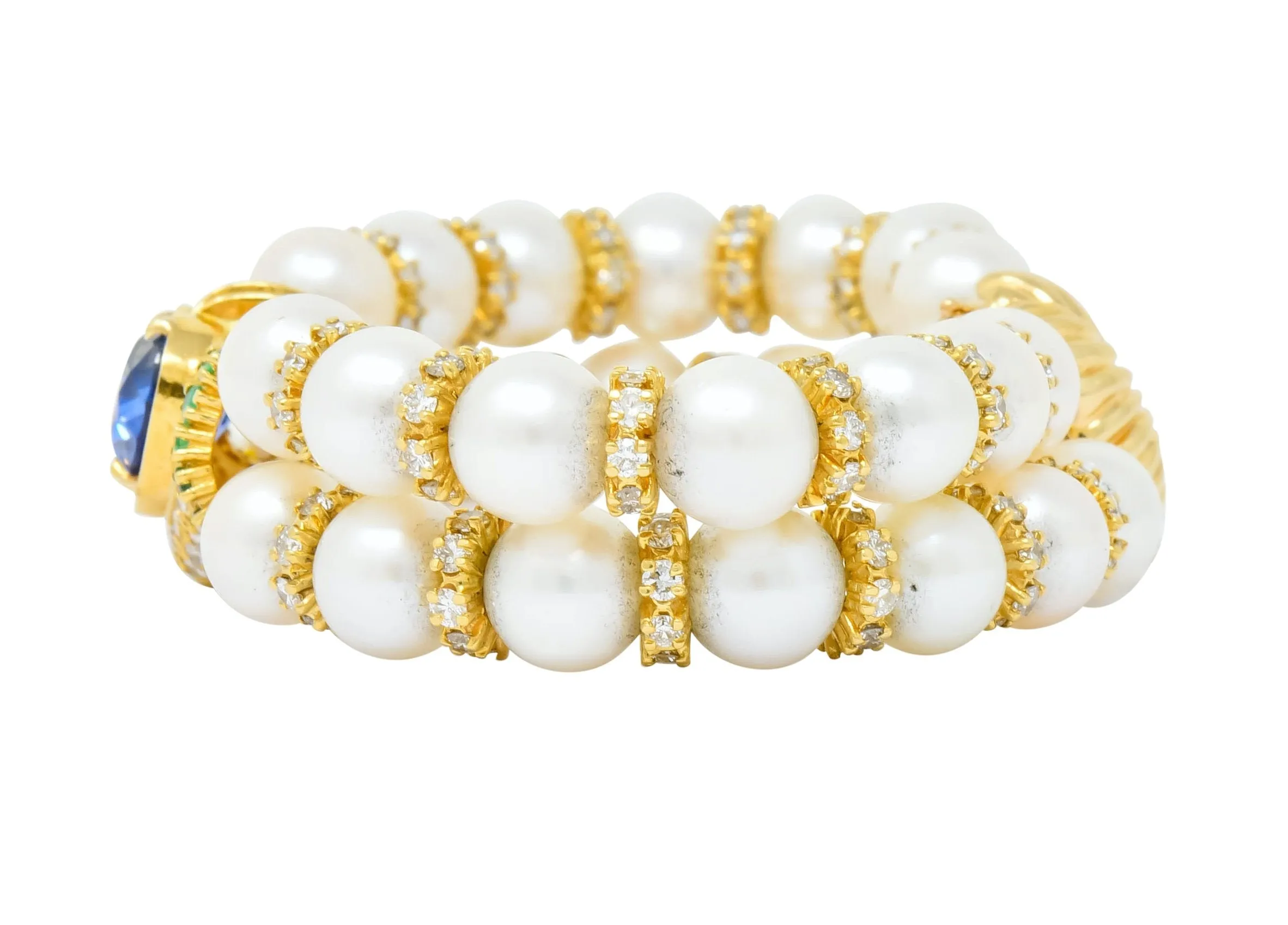 Vintage Sapphire Emerald Diamond Pearl 18 Karat Gold Heart Bracelet