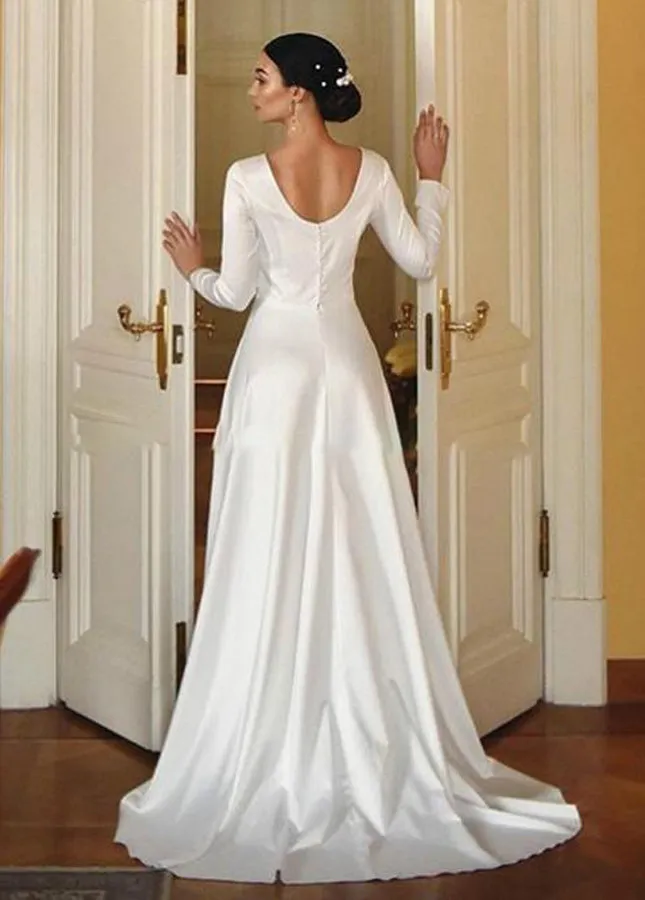 Vintage Satin A-Line Bateau Neckline Long Sleeves Bridal Gown Wedding Dresses