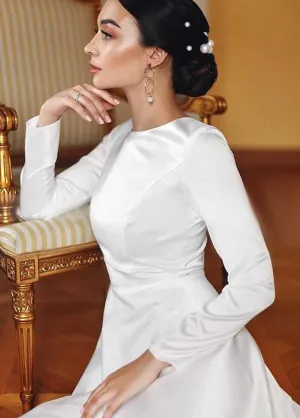 Vintage Satin A-Line Bateau Neckline Long Sleeves Bridal Gown Wedding Dresses