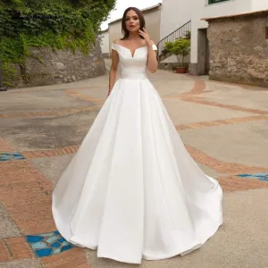 Vintage Satin Dress Country Wedding Gowns with Pockets