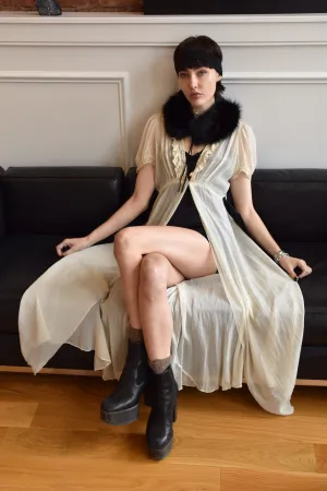 Vintage Silk Duster with Lace Inlay and Short Train