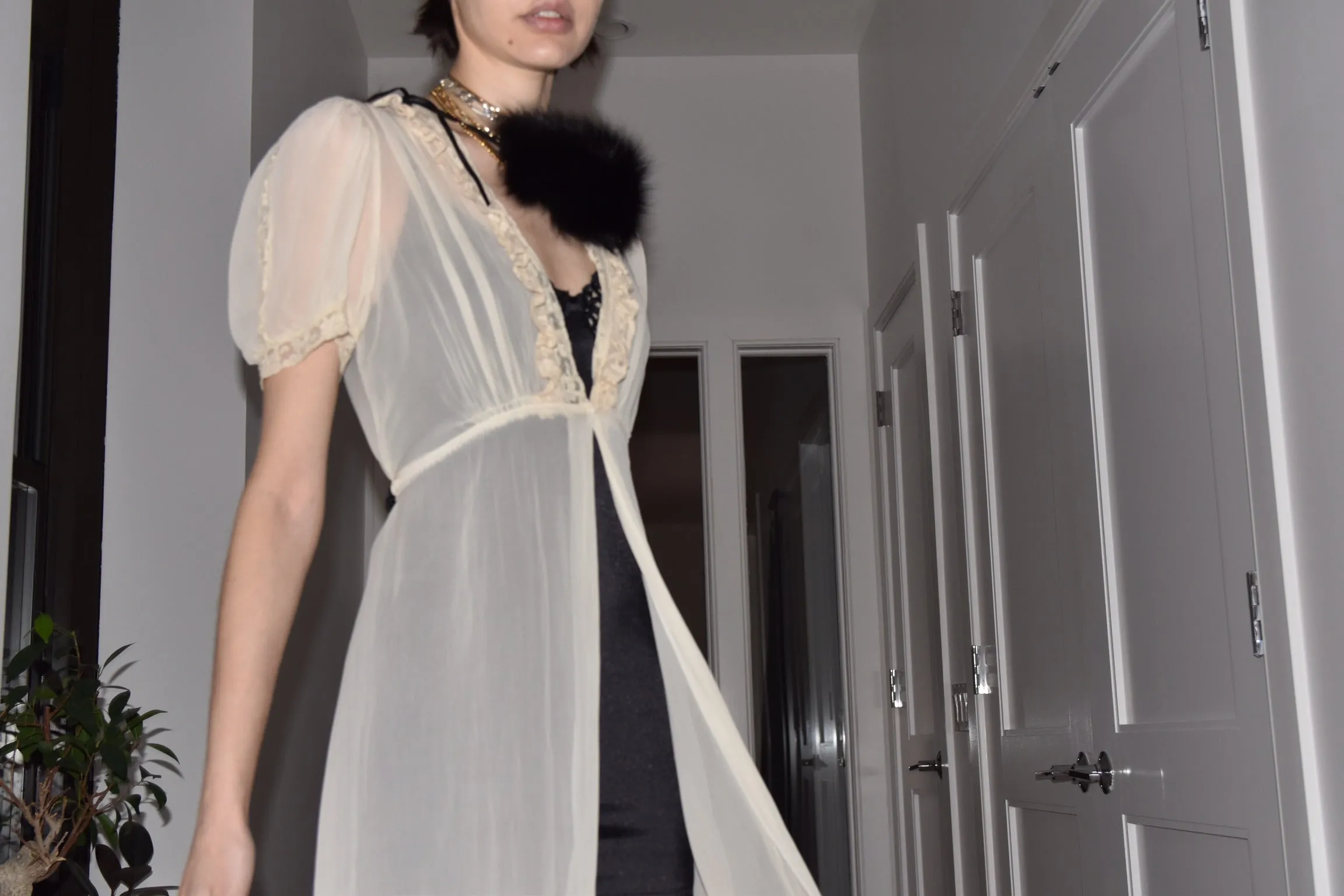Vintage Silk Duster with Lace Inlay and Short Train